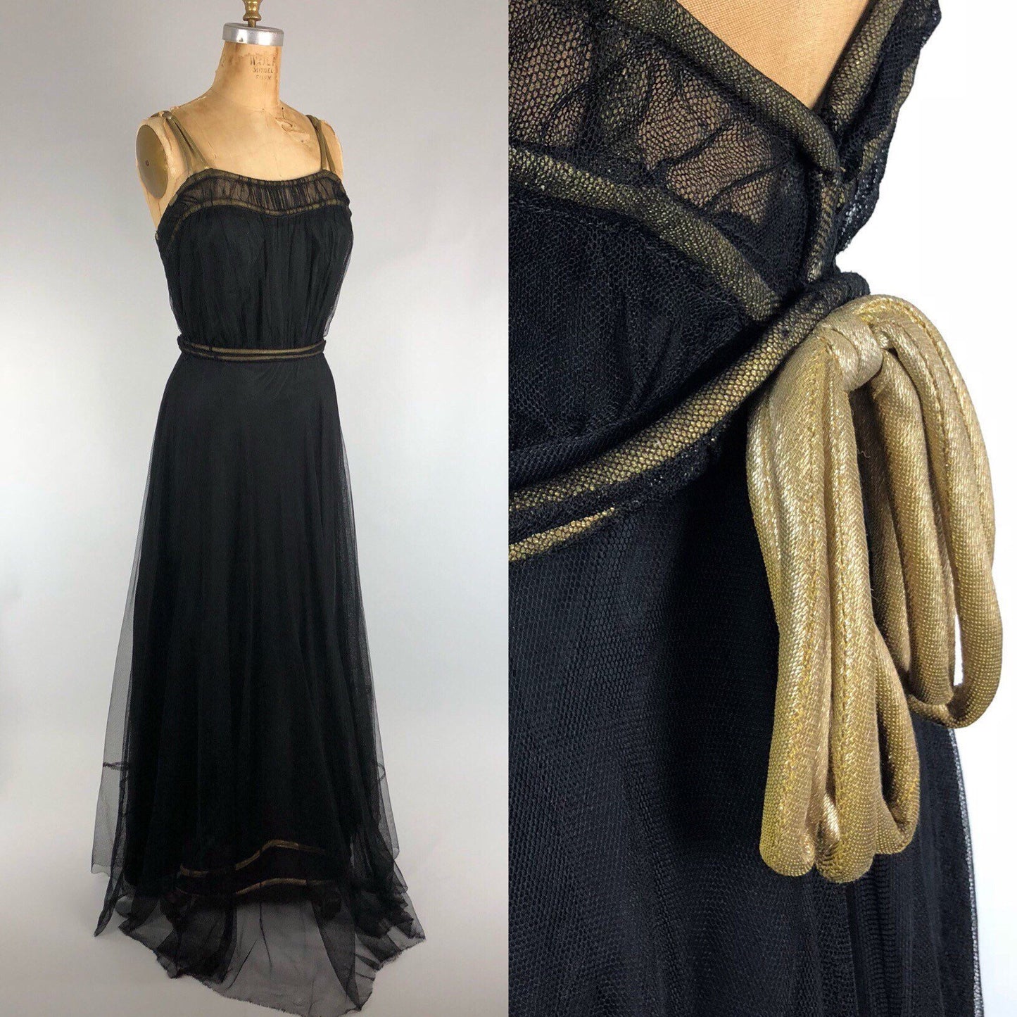 Incredible 1930s Black Tulle & Gold Lamé Gown