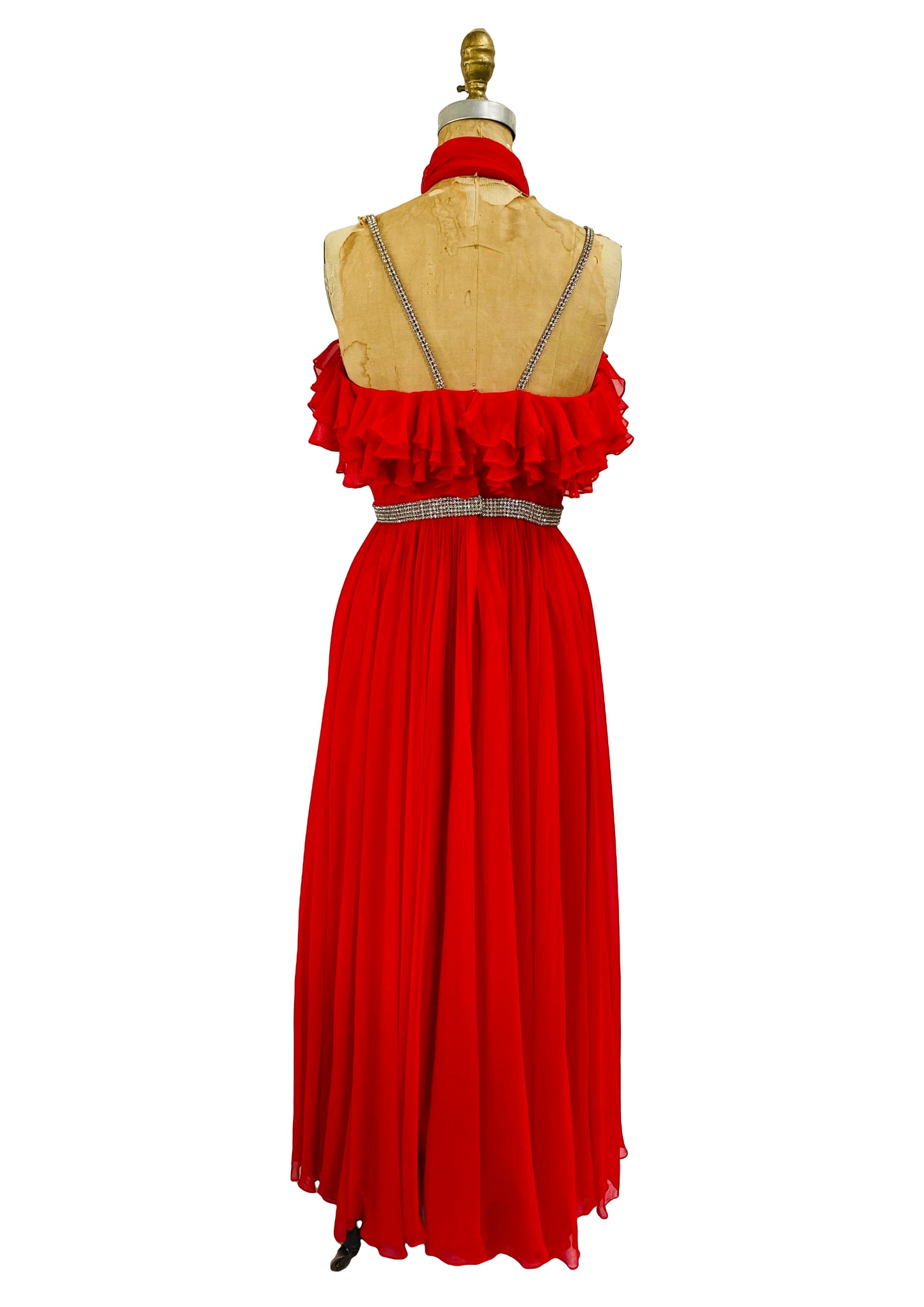 Stunning Old Hollywood 1960s Emma Domb Red Chiffon & Rhinestone Dress