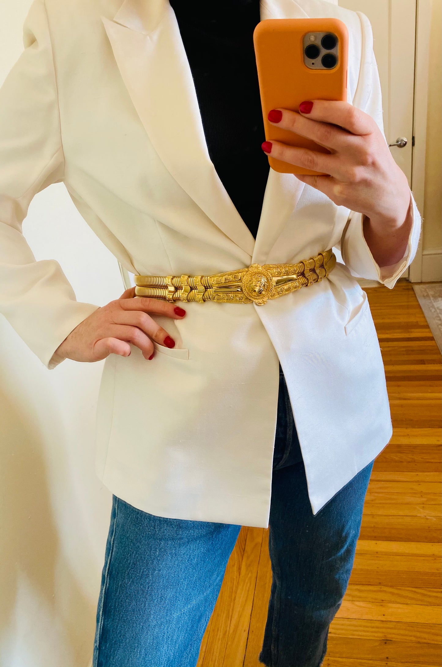 Judith Leiber Gold Stretch Metal Lion Belt