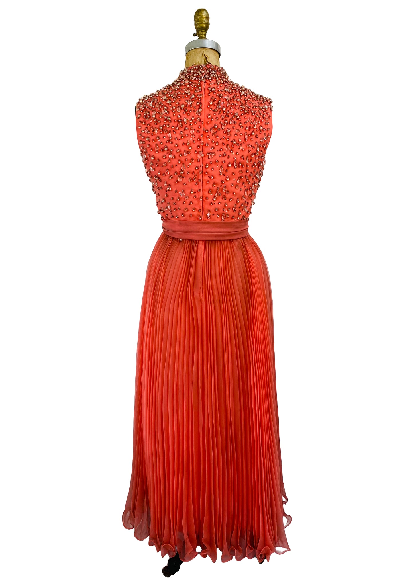 Jack Bryan 1960s-70s Coral Pink Accordion Pleat Beaded Dress