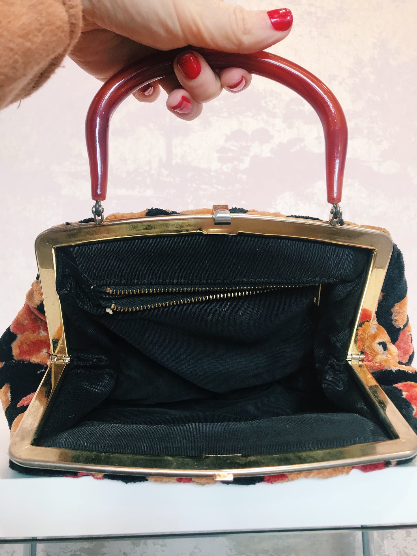 Vintage Floral Carpet Bag with Lucite Handle