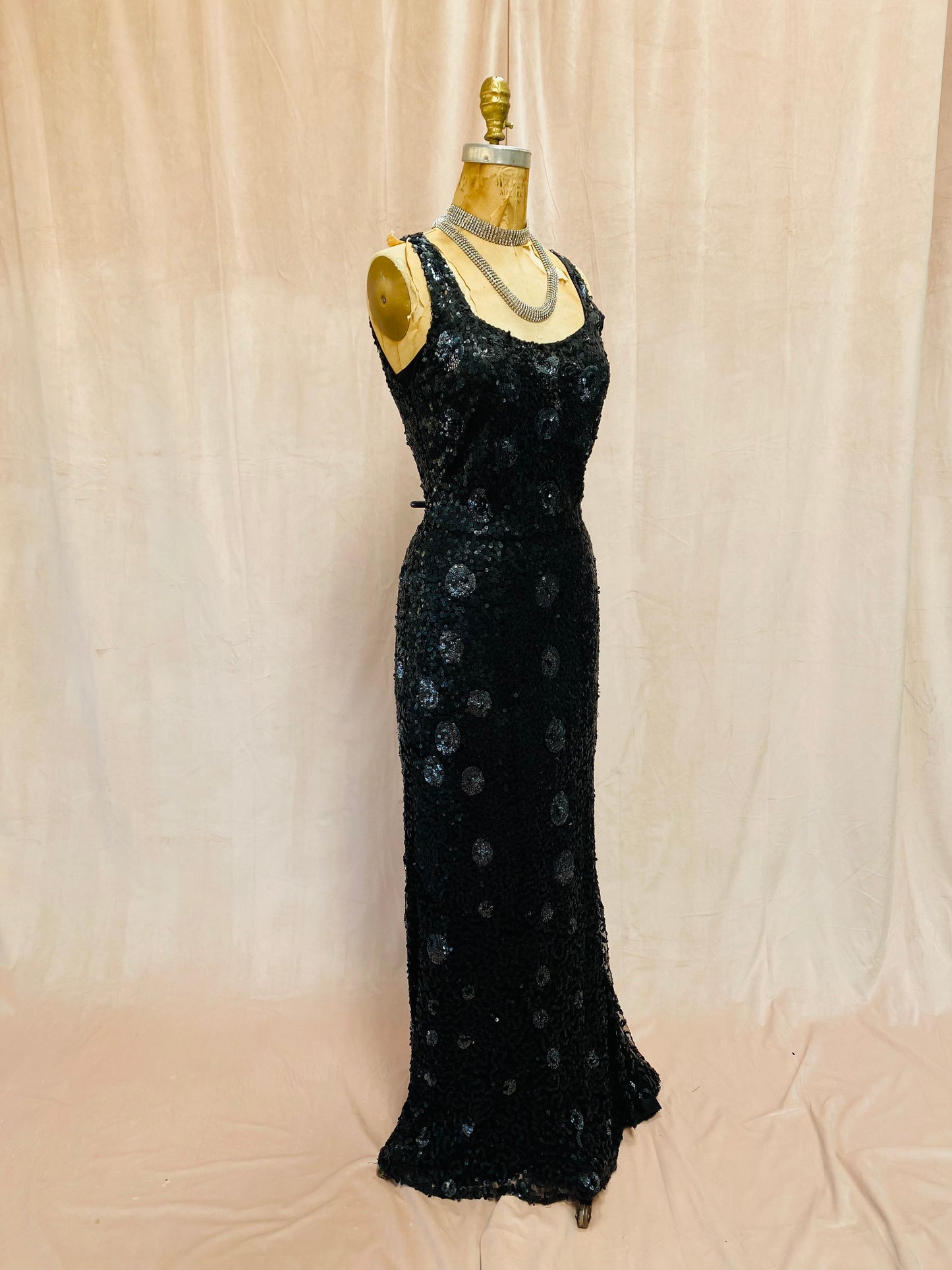 1930s French Sequin Net Fishtail Gown