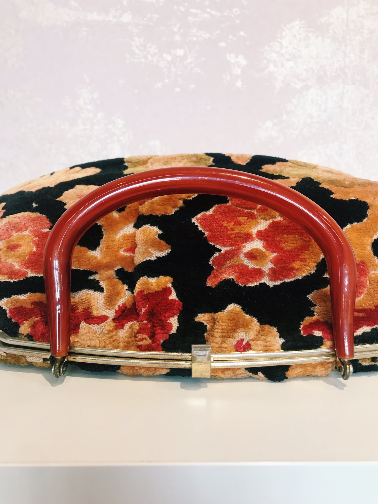 Vintage Floral Carpet Bag with Lucite Handle