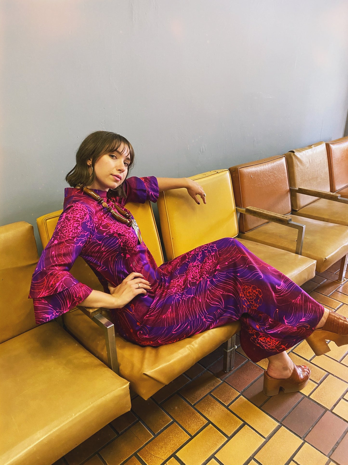 Vintage 70s Magenta Hawaiian Dress