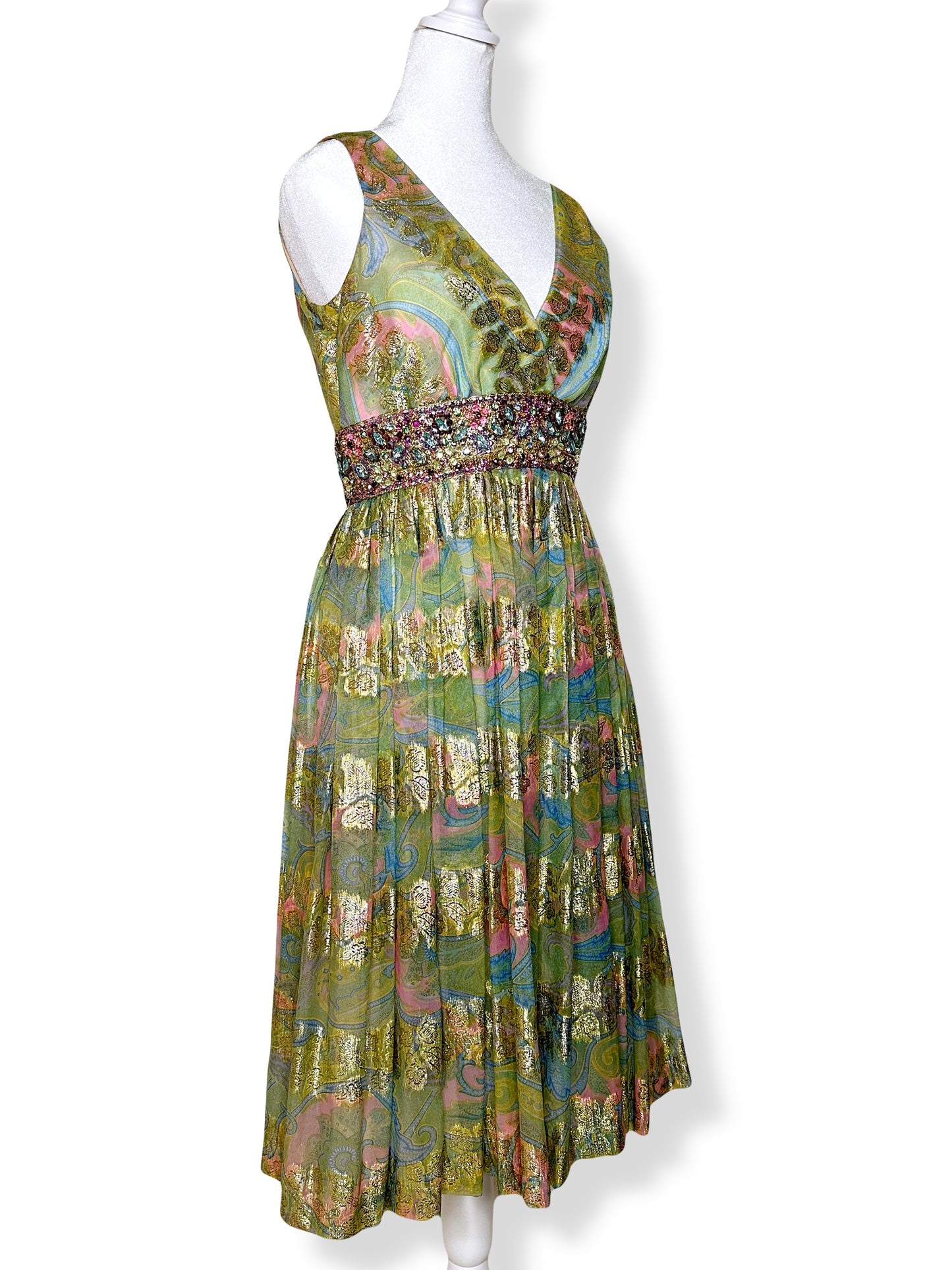 1960s Malcolm Starr Green & Gold Lurex Paisley Beaded Chiffon Dress