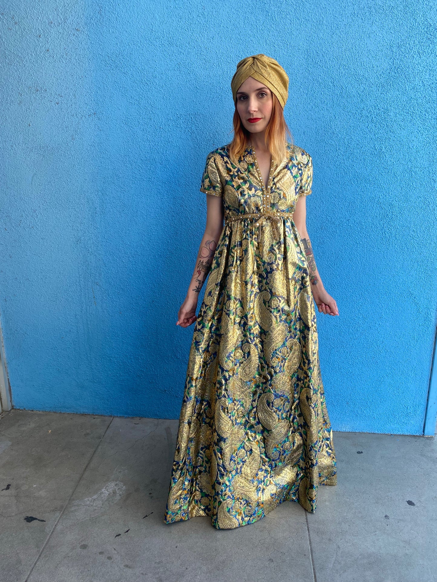 Malcolm Starr 1960s Silk Paisley Gold Lurex Gown