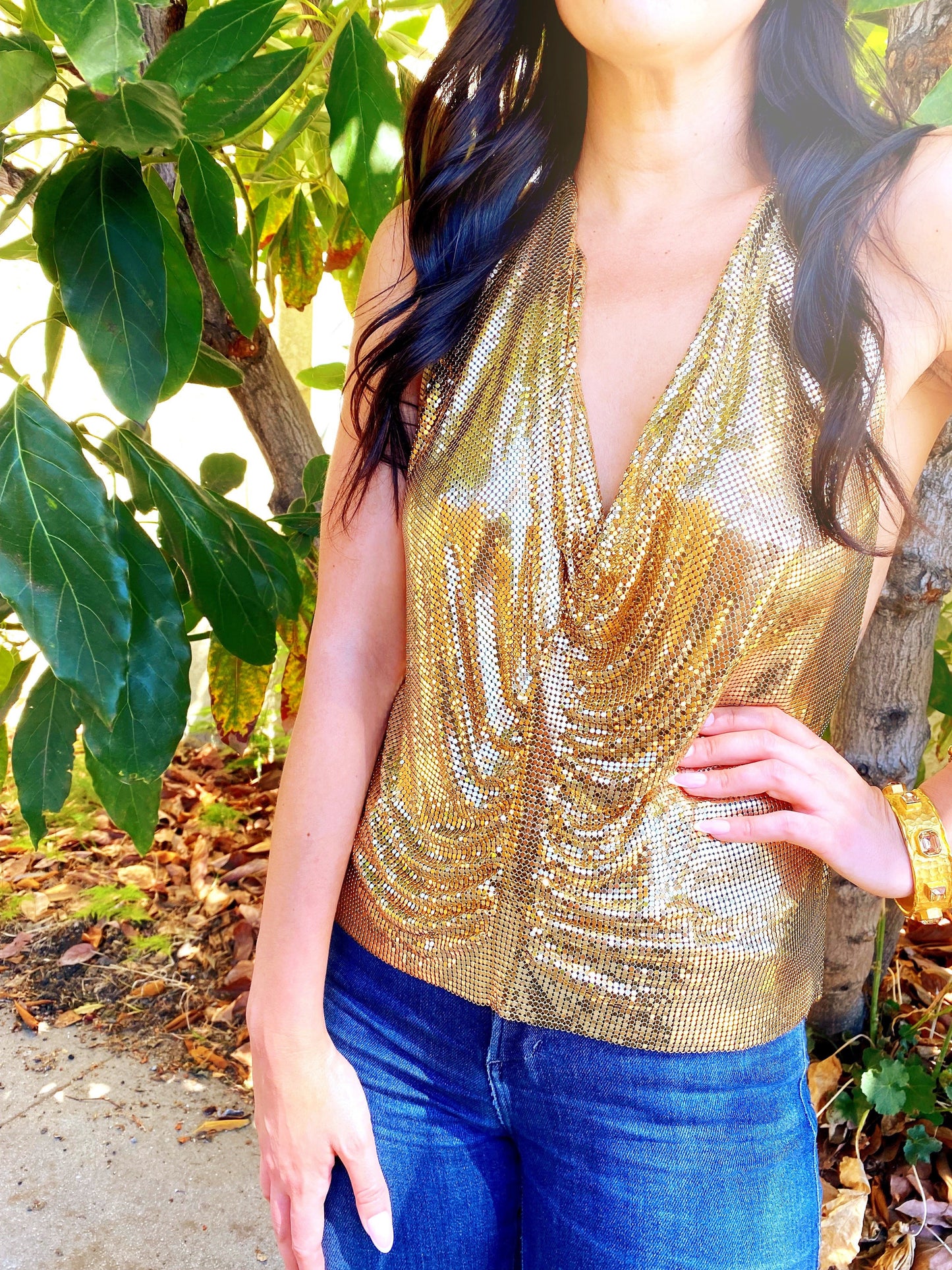 Whiting & Davis Rare Gold Mesh Halter Top