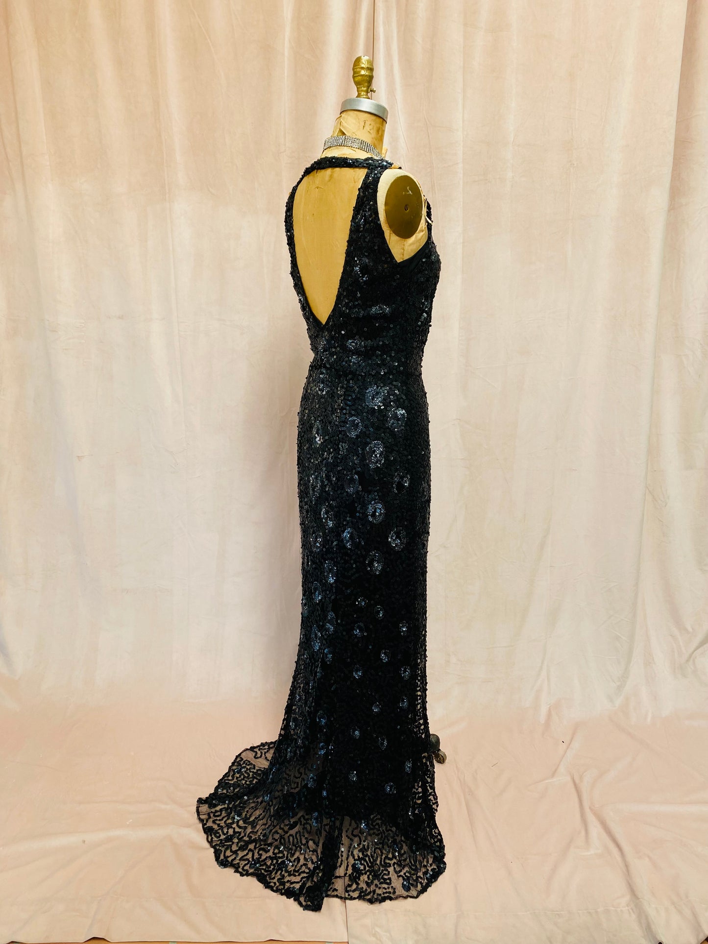 1930s French Sequin Net Fishtail Gown