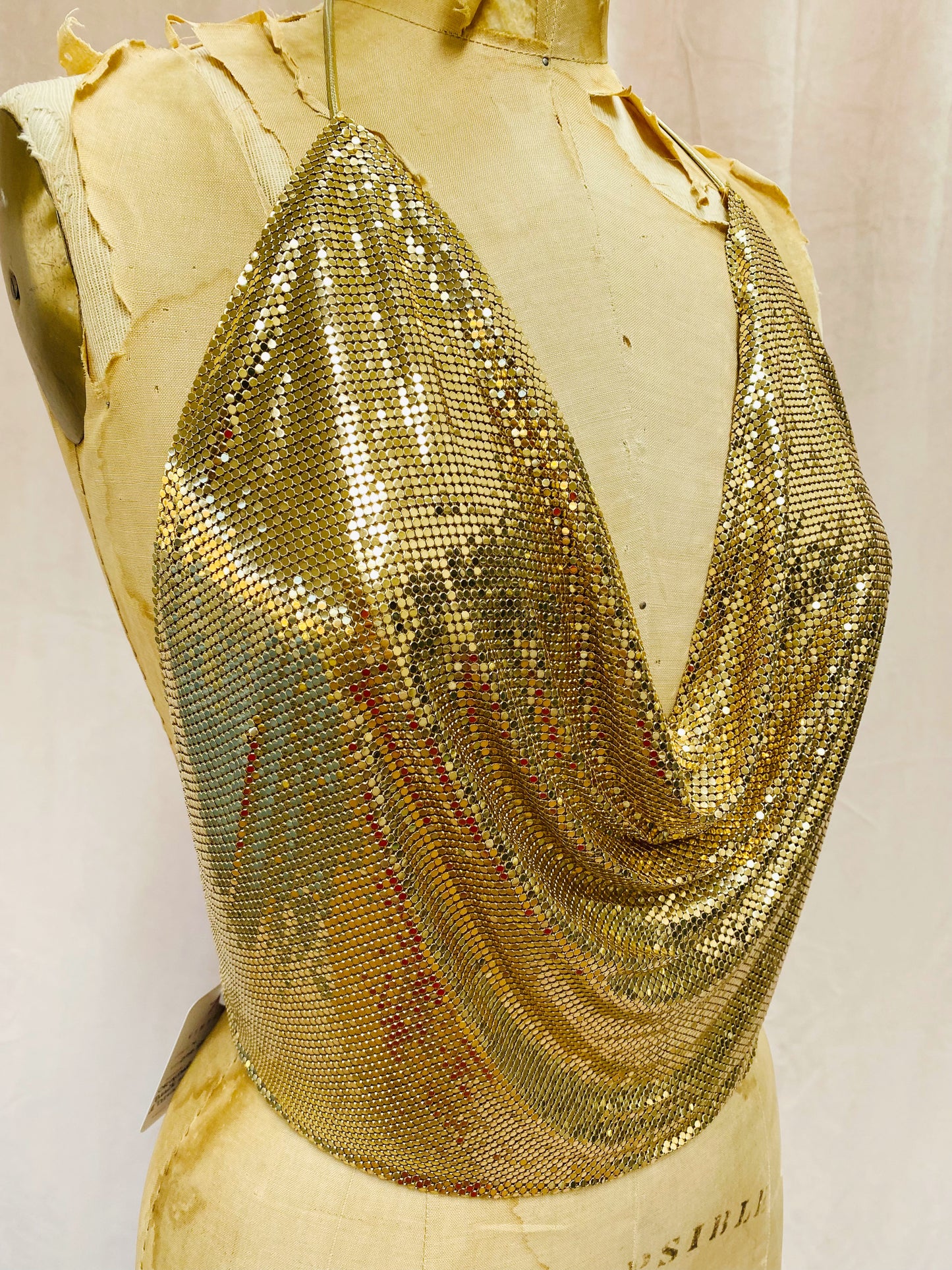 Whiting & Davis Gold Mesh Cowl Halter Top