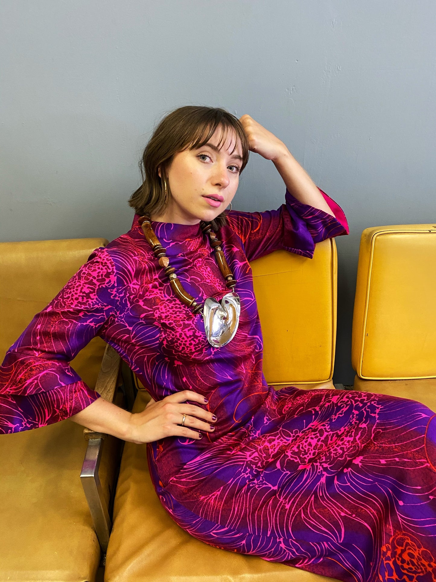 Vintage 70s Magenta Hawaiian Dress