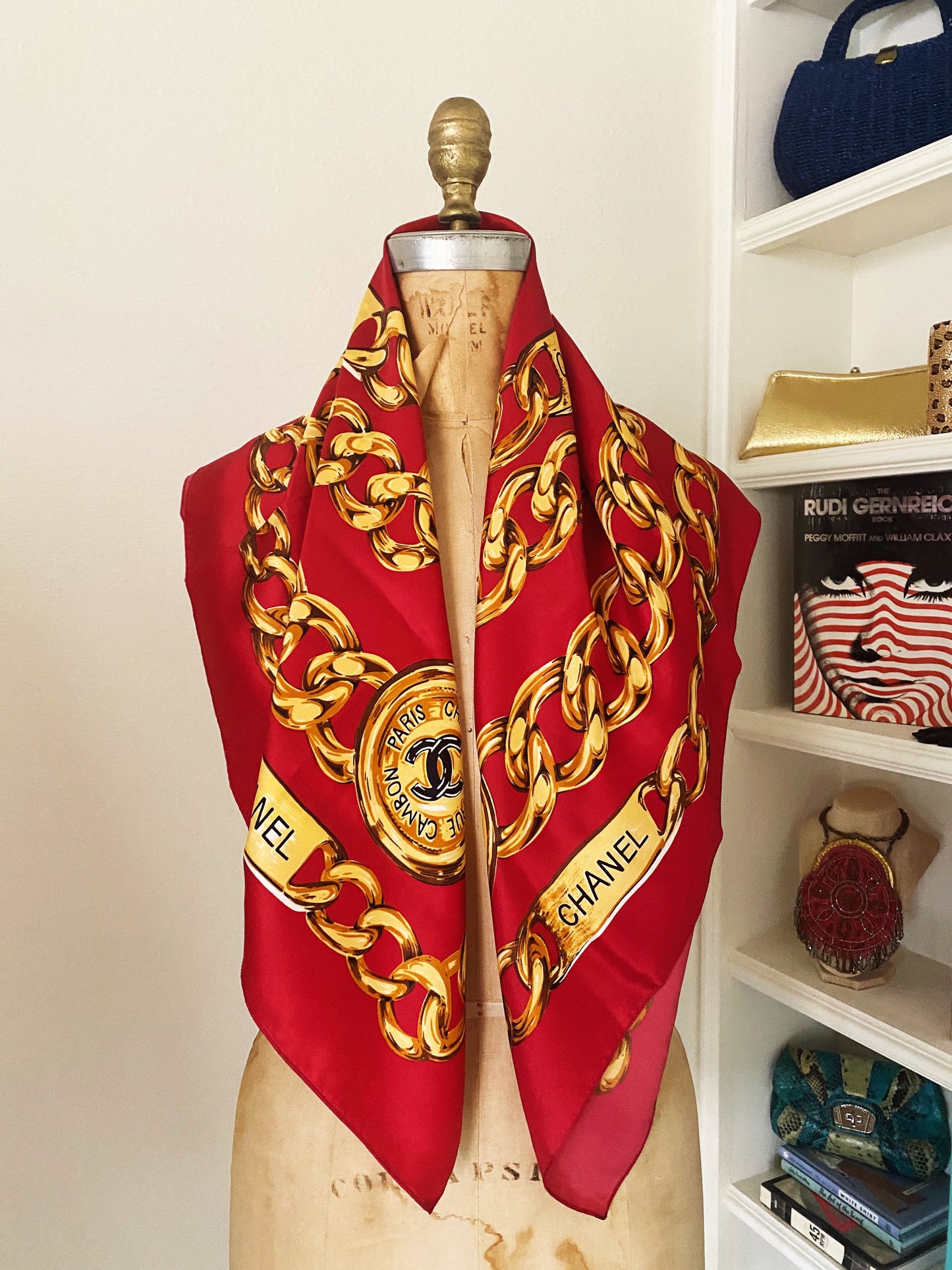 Chanel Vintage Red Silk Scarf