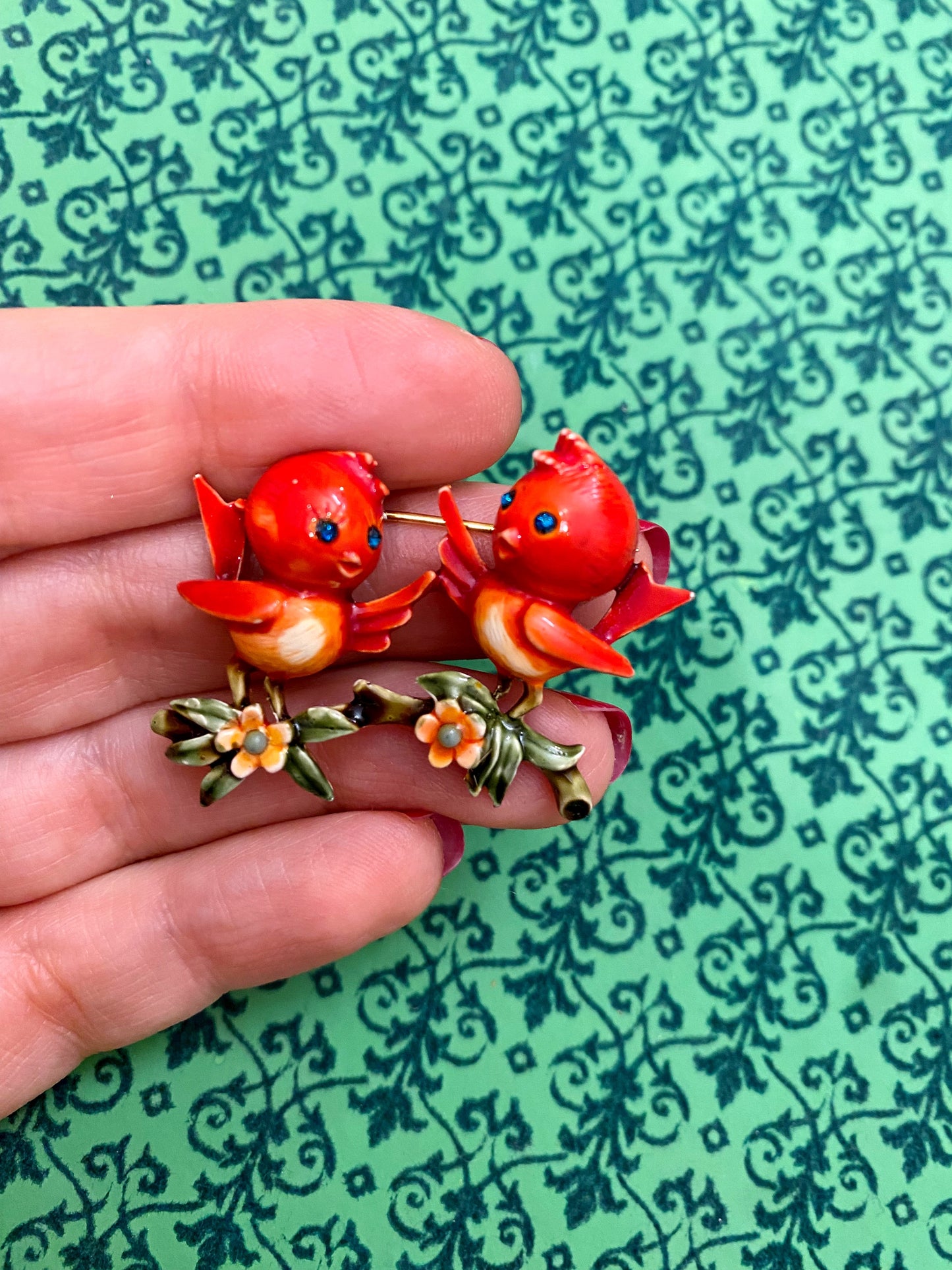 Rare Signed HAR Vintage Red Love Birds Brooch