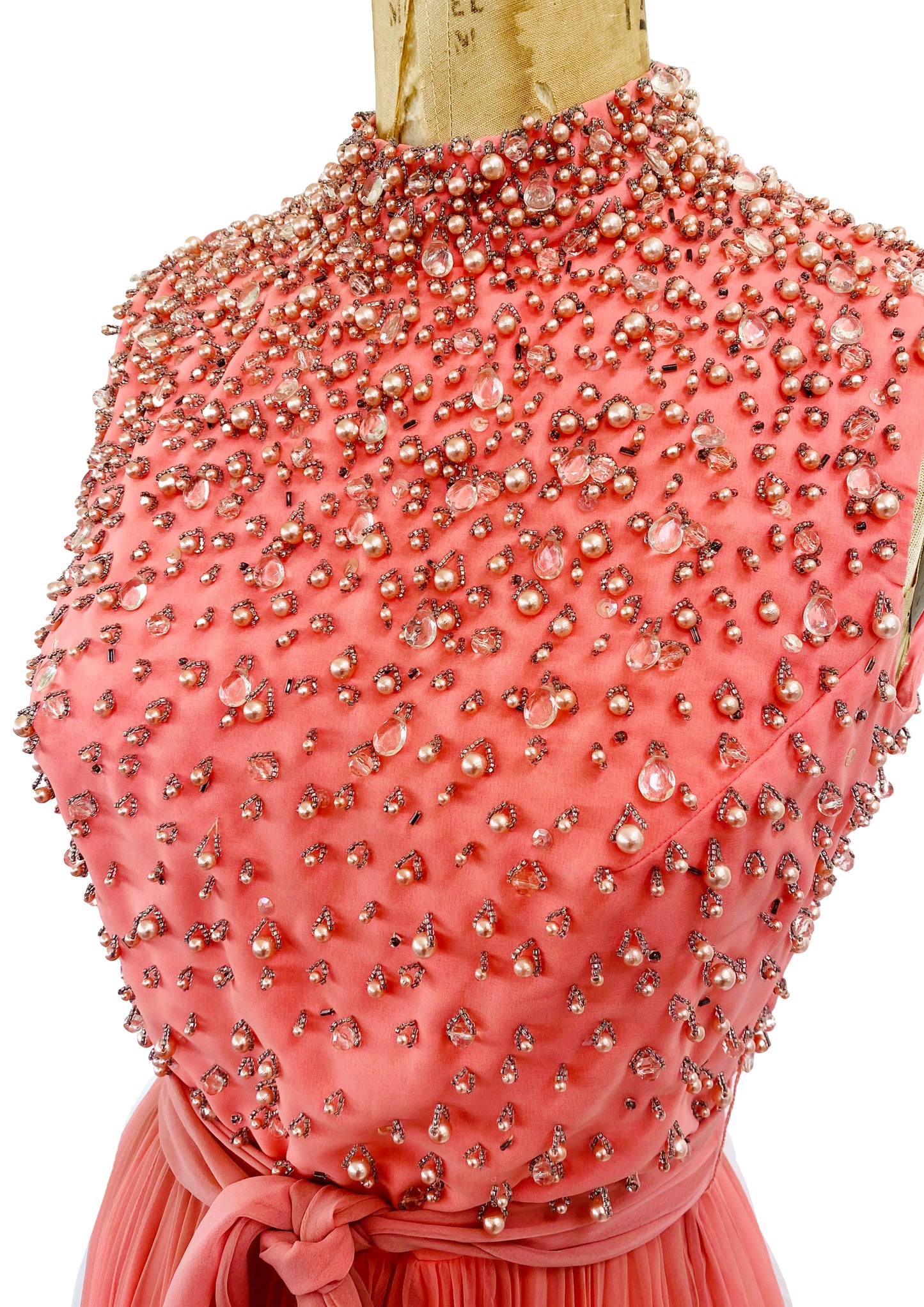 Jack Bryan 1960s-70s Coral Pink Accordion Pleat Beaded Dress