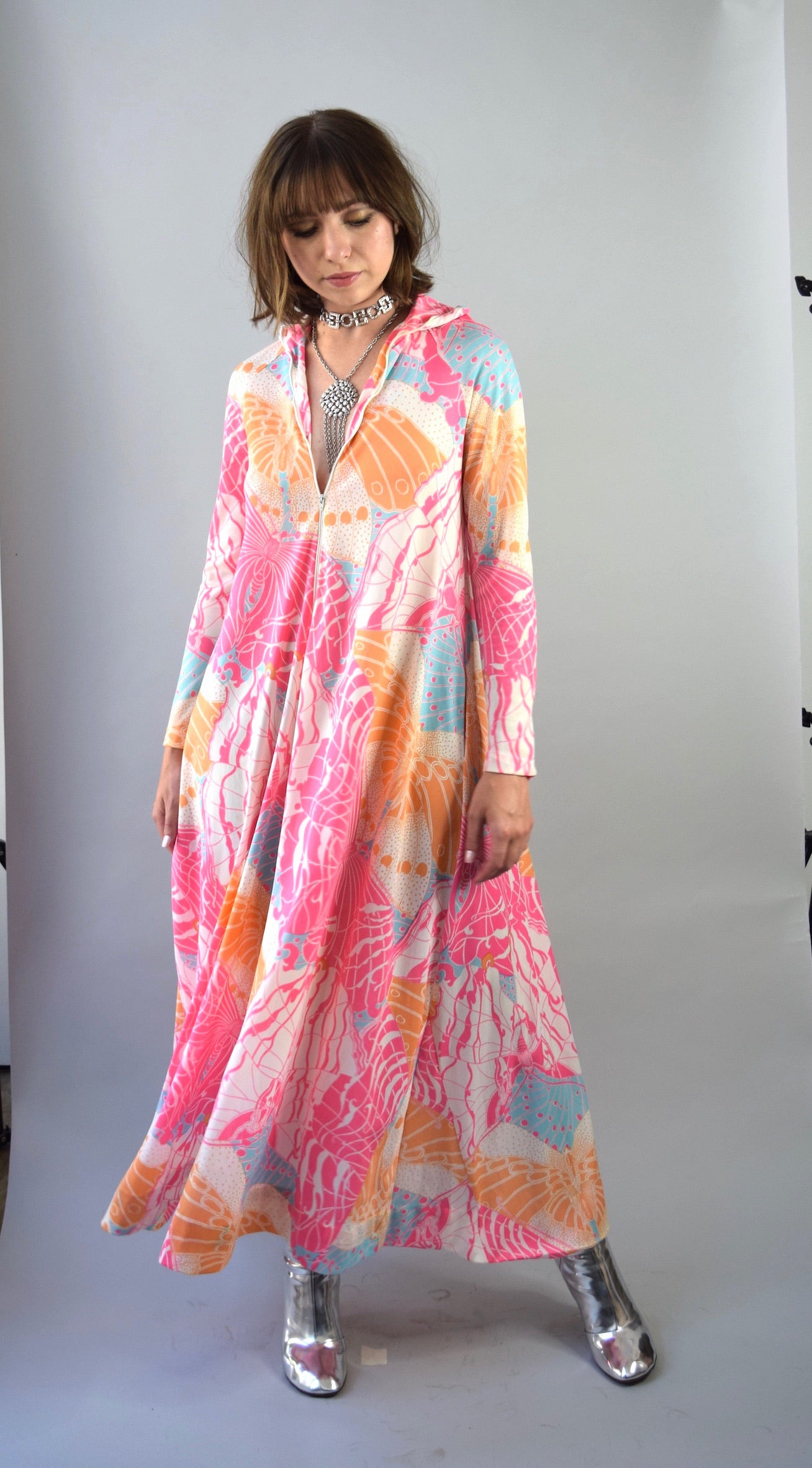 Vintage Butterfly Print Jersey Caftan