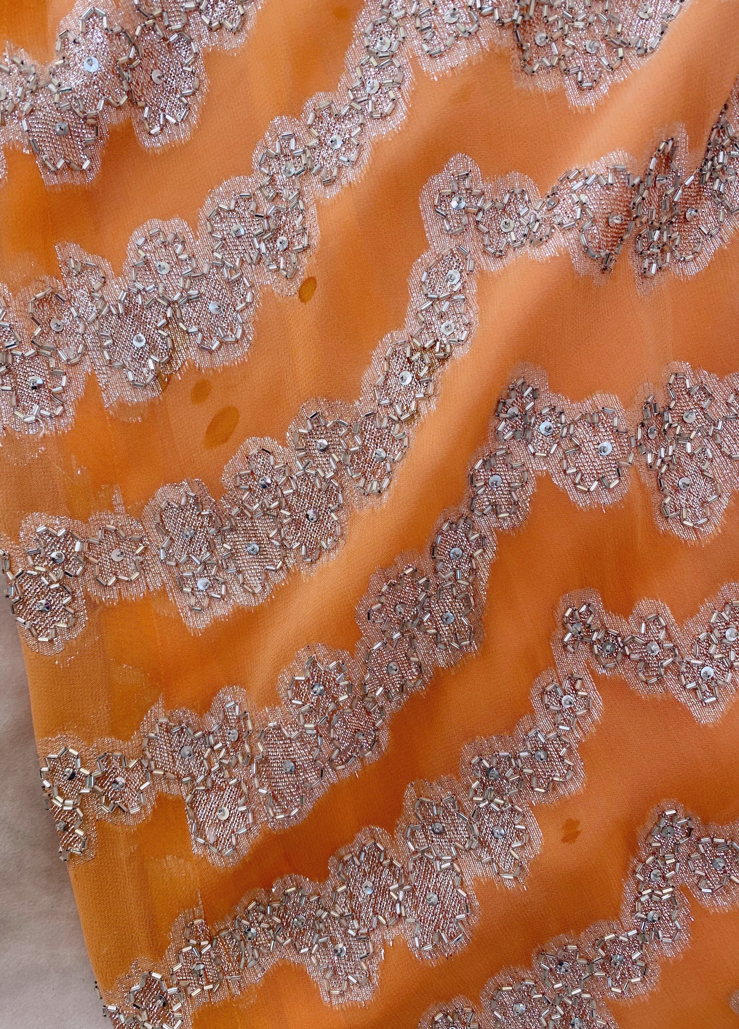 Victoria Royal Hand Beaded Peach Silver Lurex Gown