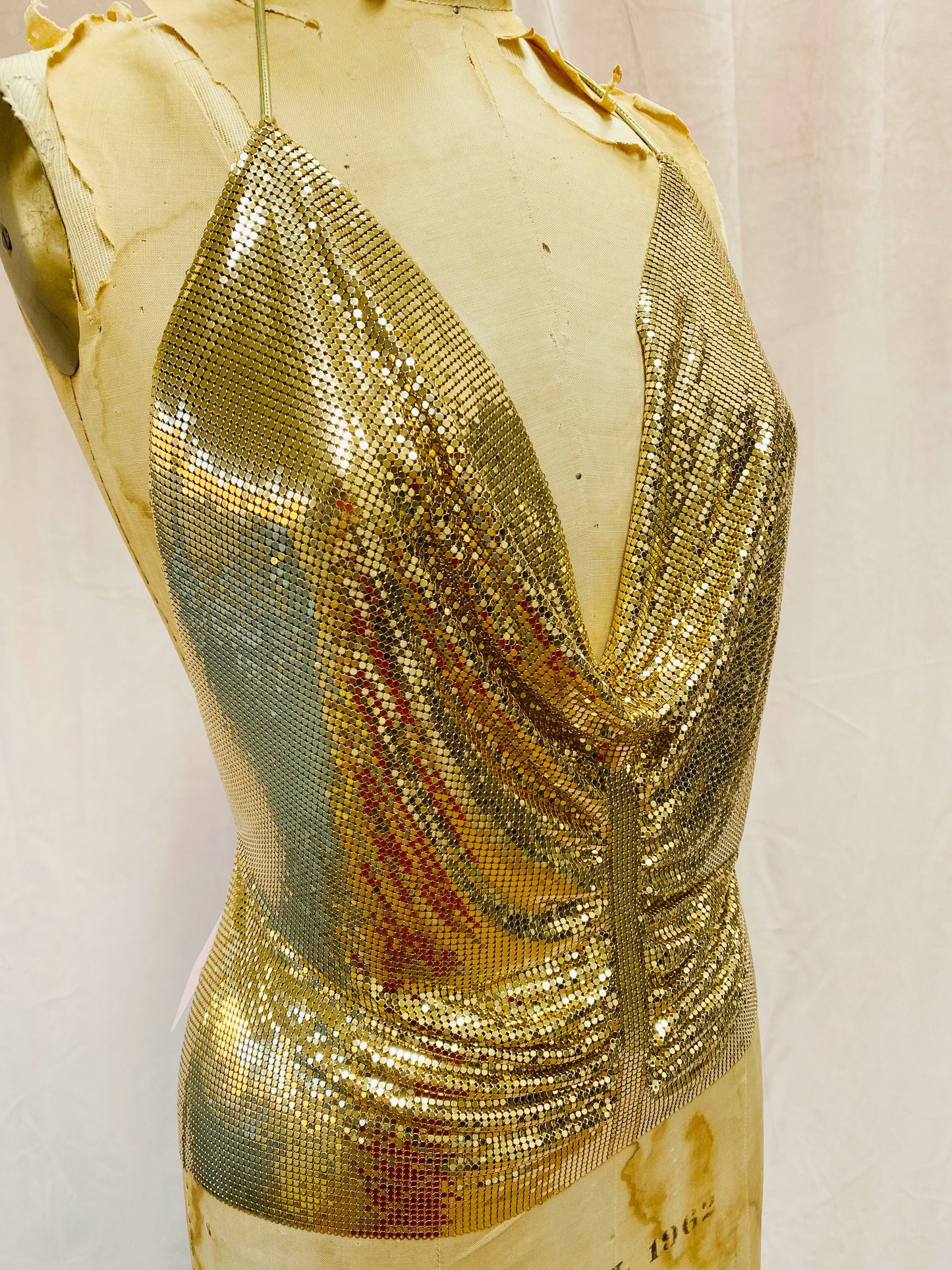 Whiting & Davis Rare Gold Mesh Halter Top