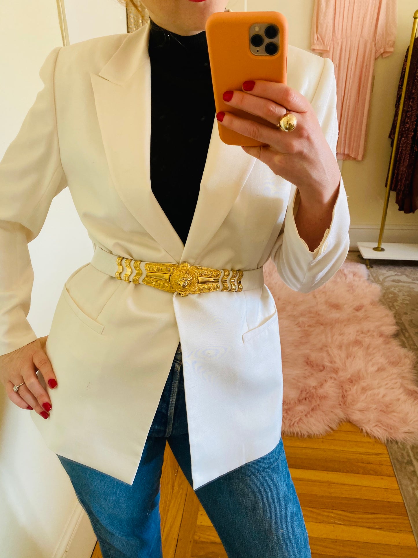 Judith Leiber White Snakeskin Gold Lion Belt