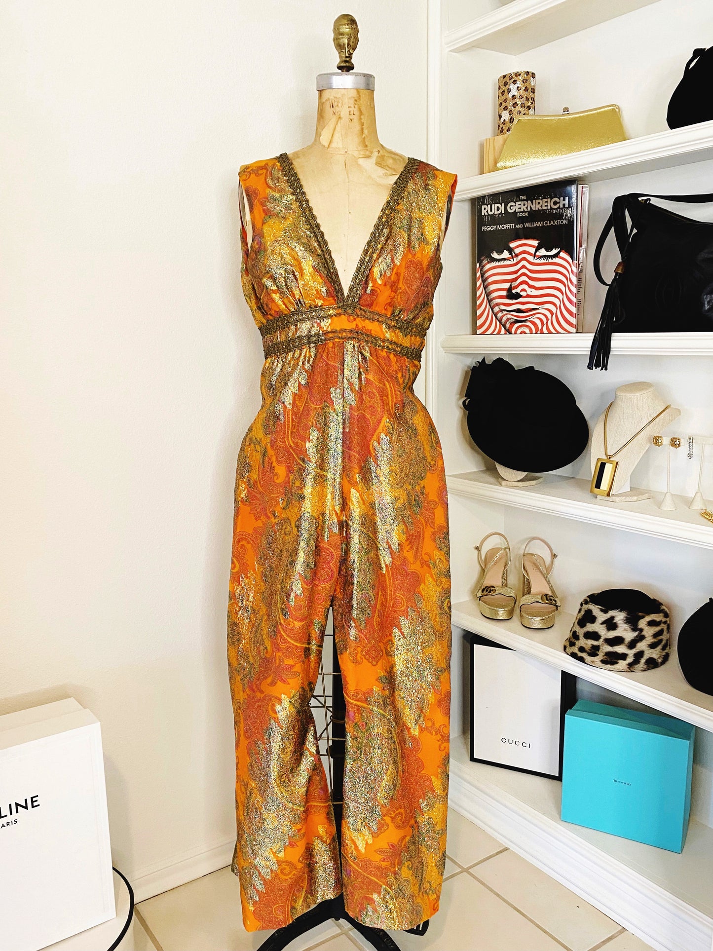 Orange Paisley & Gold Lurex Wide Leg Jumpsuit