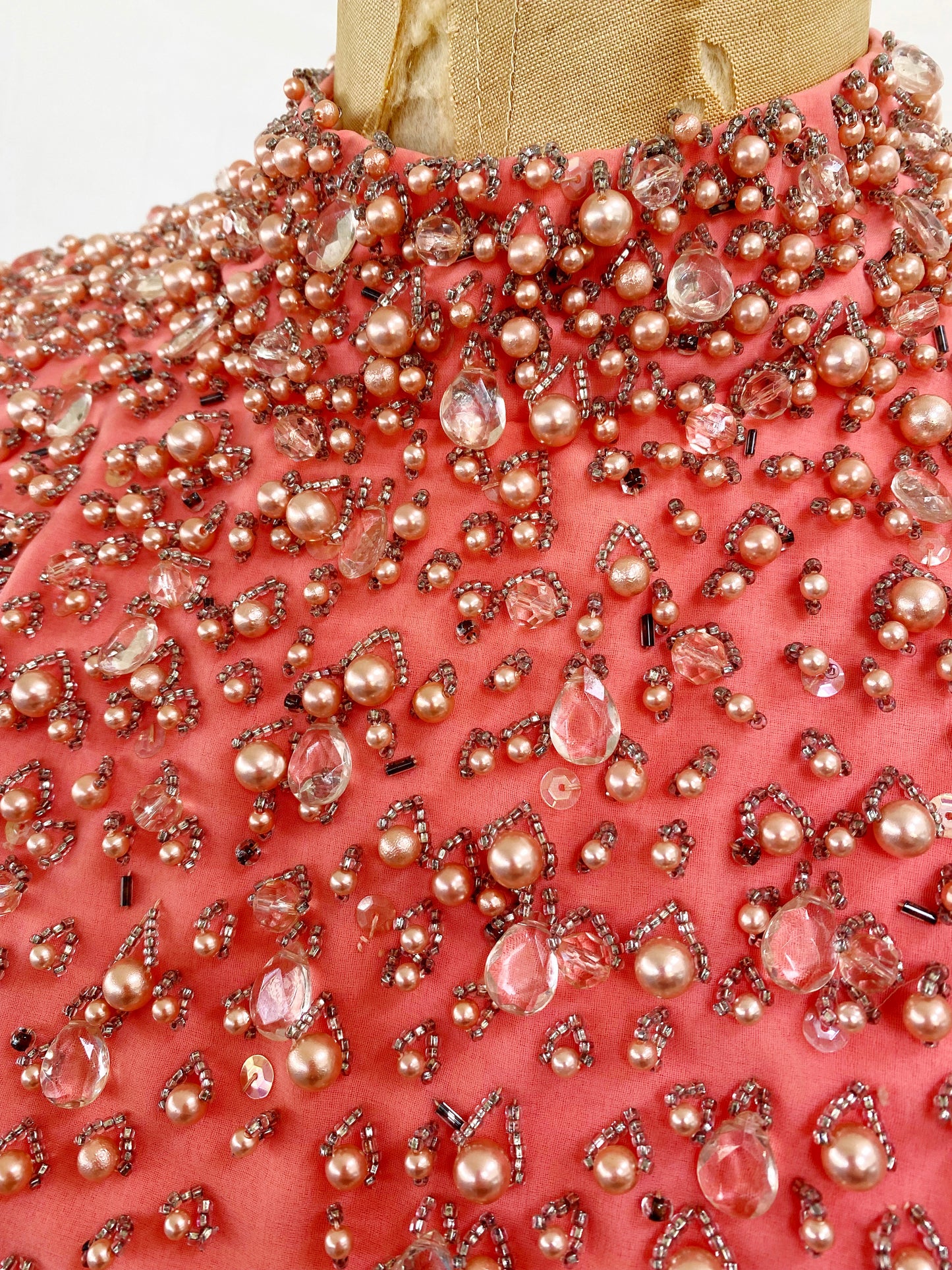 Jack Bryan 1960s-70s Coral Pink Accordion Pleat Beaded Dress