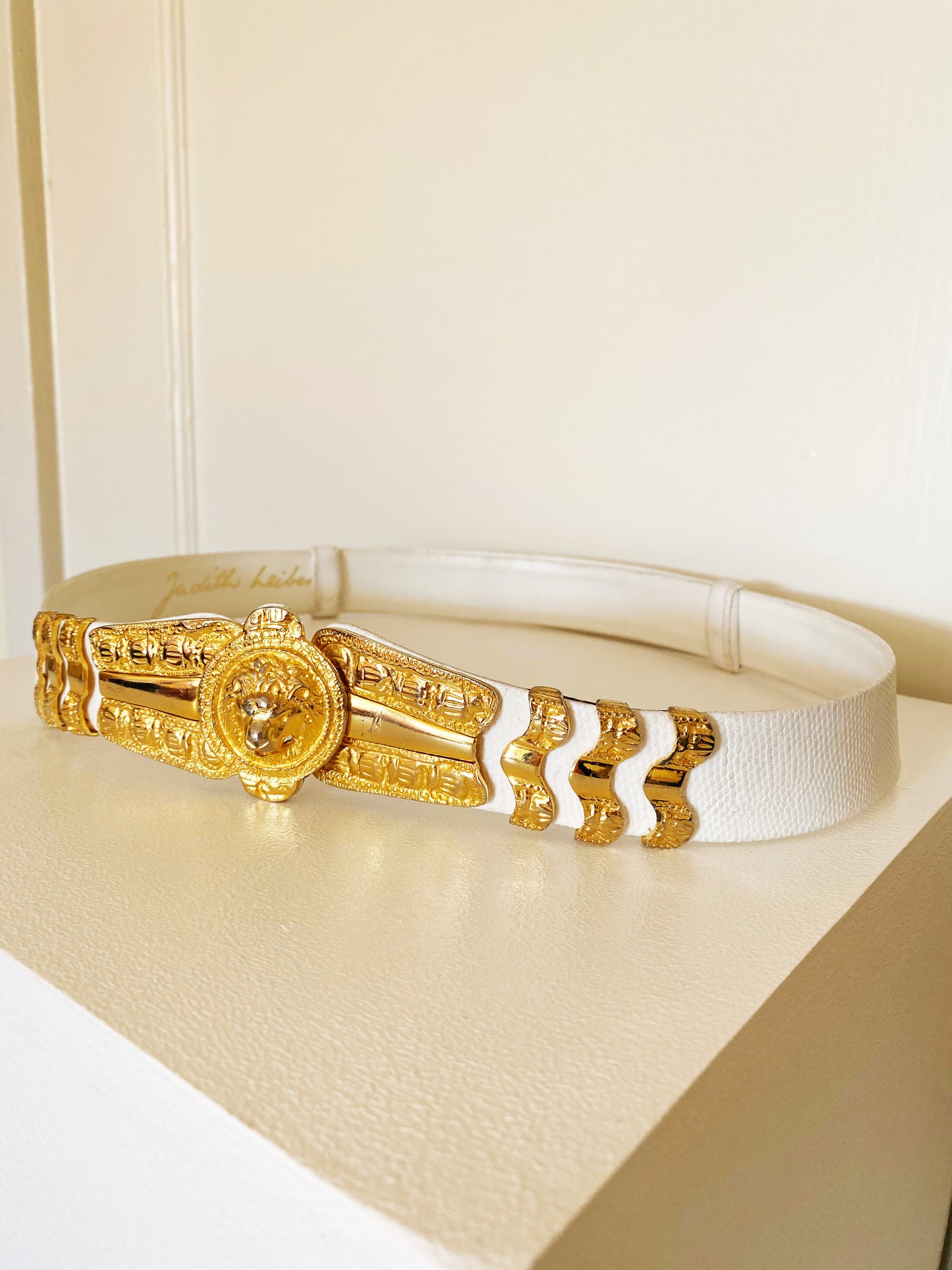Judith Leiber White Snakeskin Gold Lion Belt