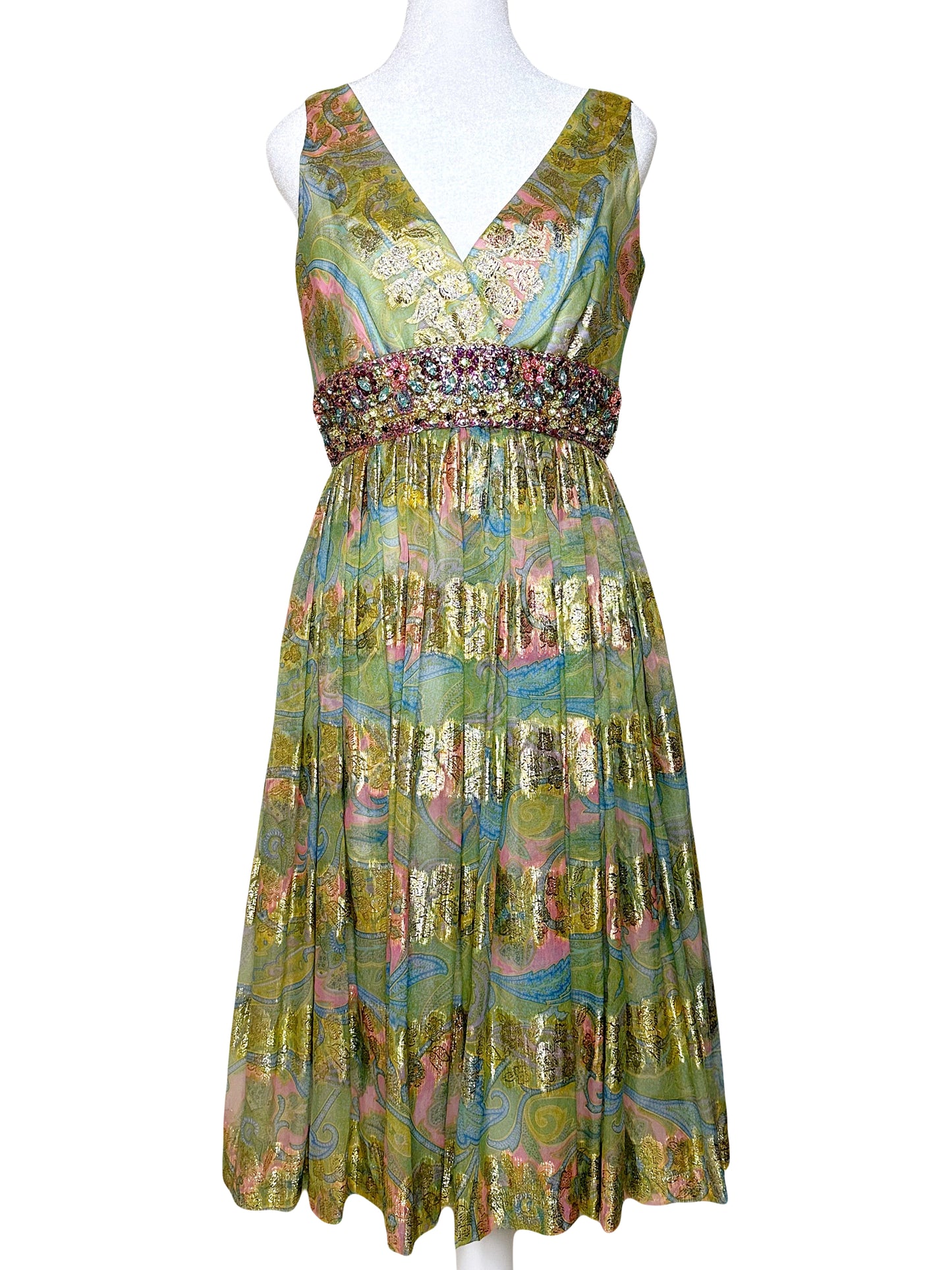 1960s Malcolm Starr Green & Gold Lurex Paisley Beaded Chiffon Dress