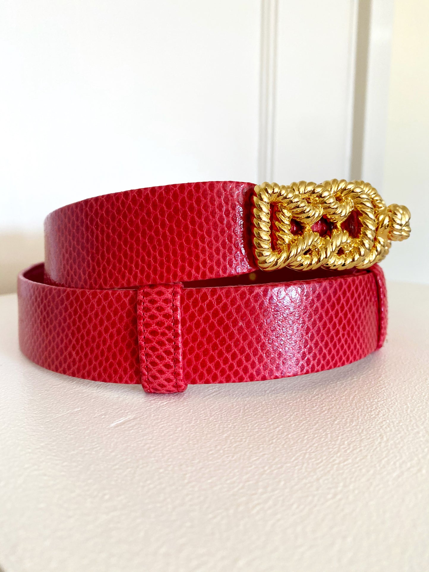 Judith Leiber Red Snakeskin Twisted Gold Rope Belt