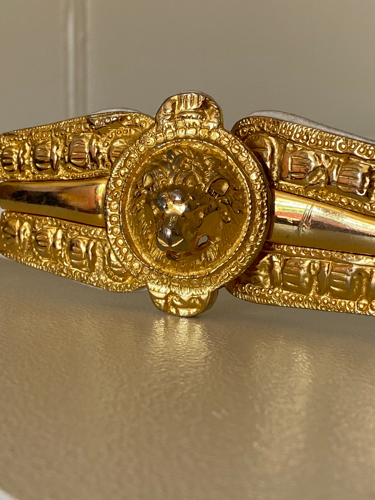 Judith Leiber White Snakeskin Gold Lion Belt