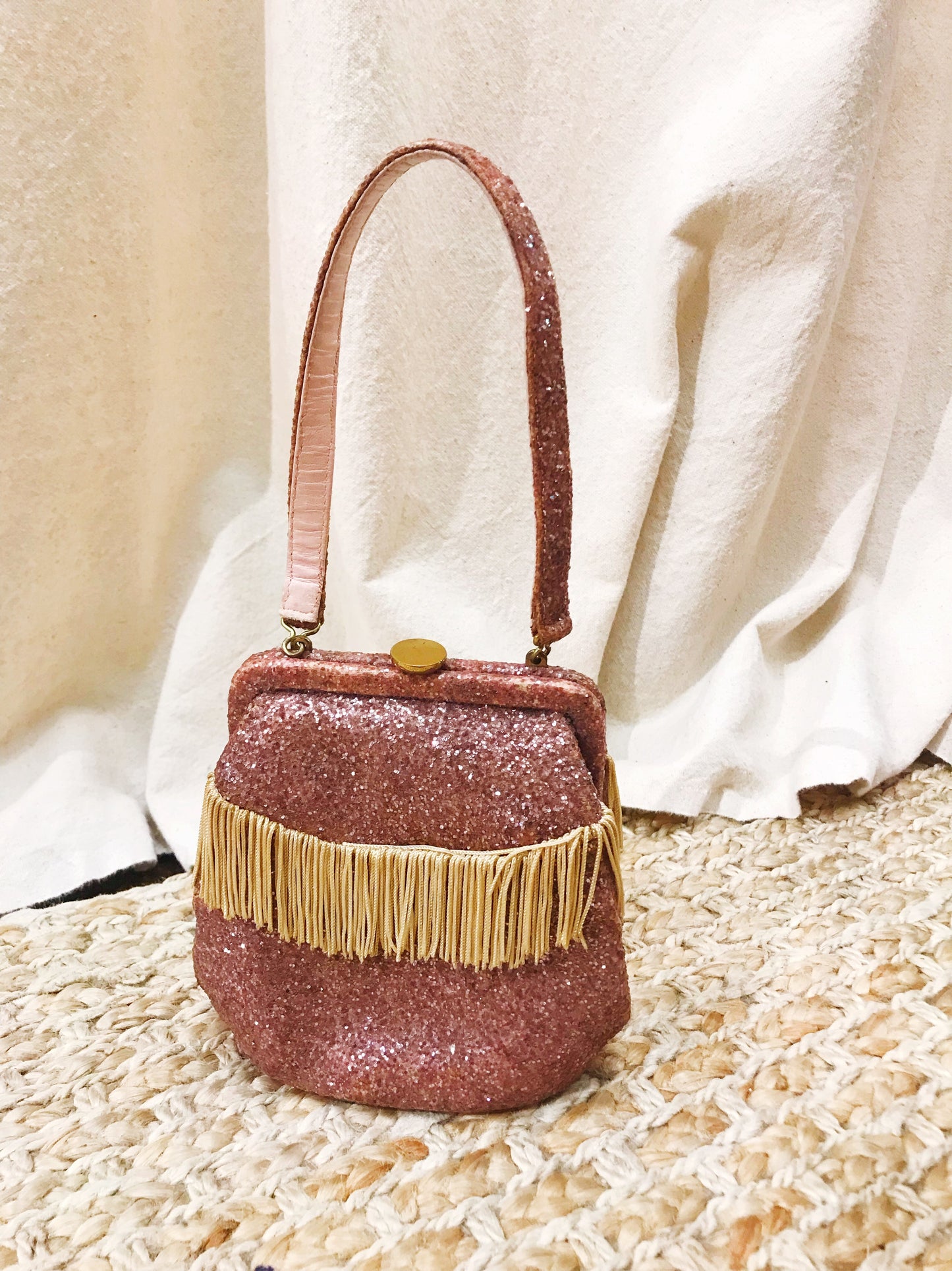 1940s Pink Glitter Fringe Bag