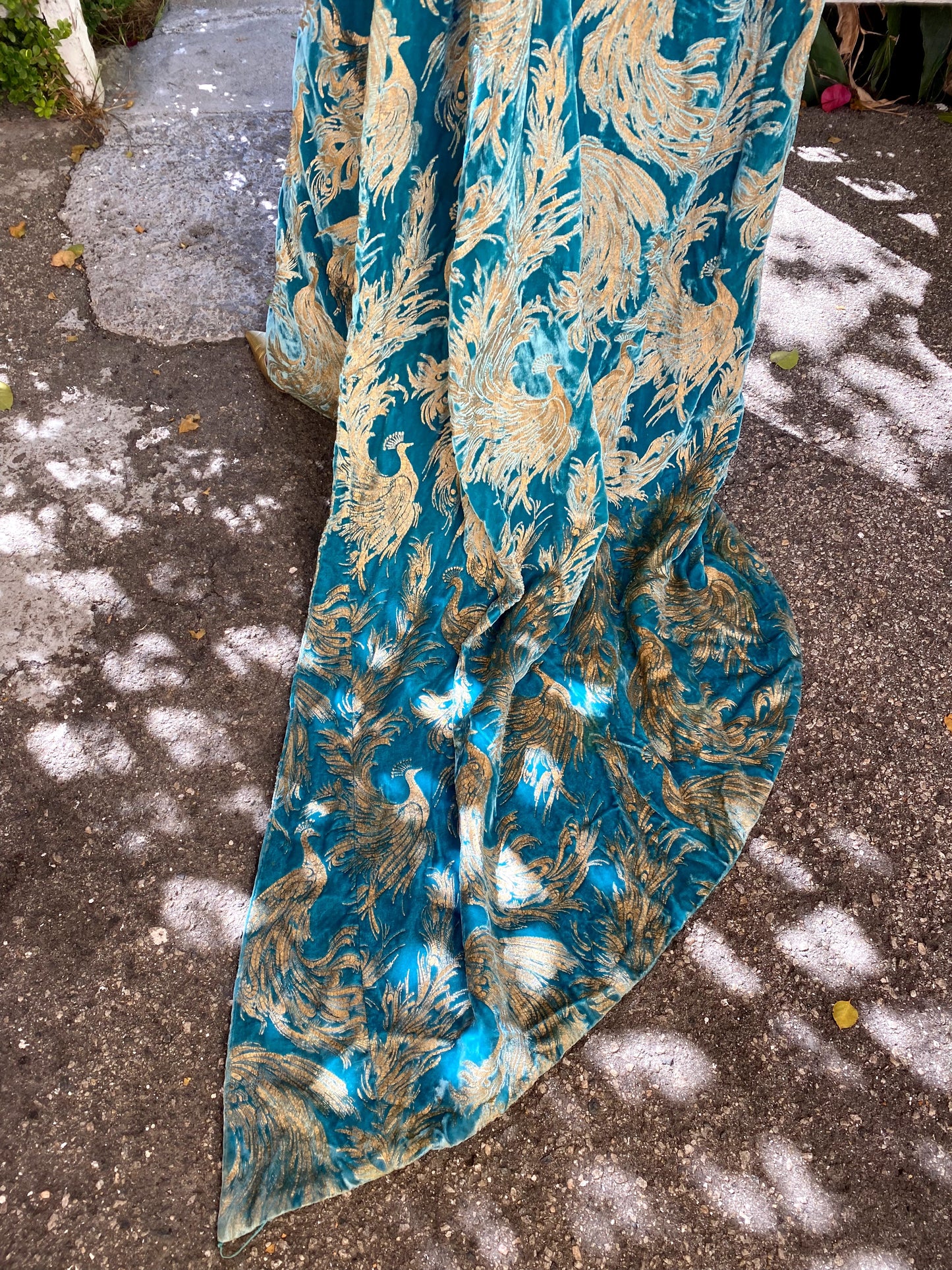 Rare Werlé Beverly Hills Couture Silk Velvet Peacock Gown with Train