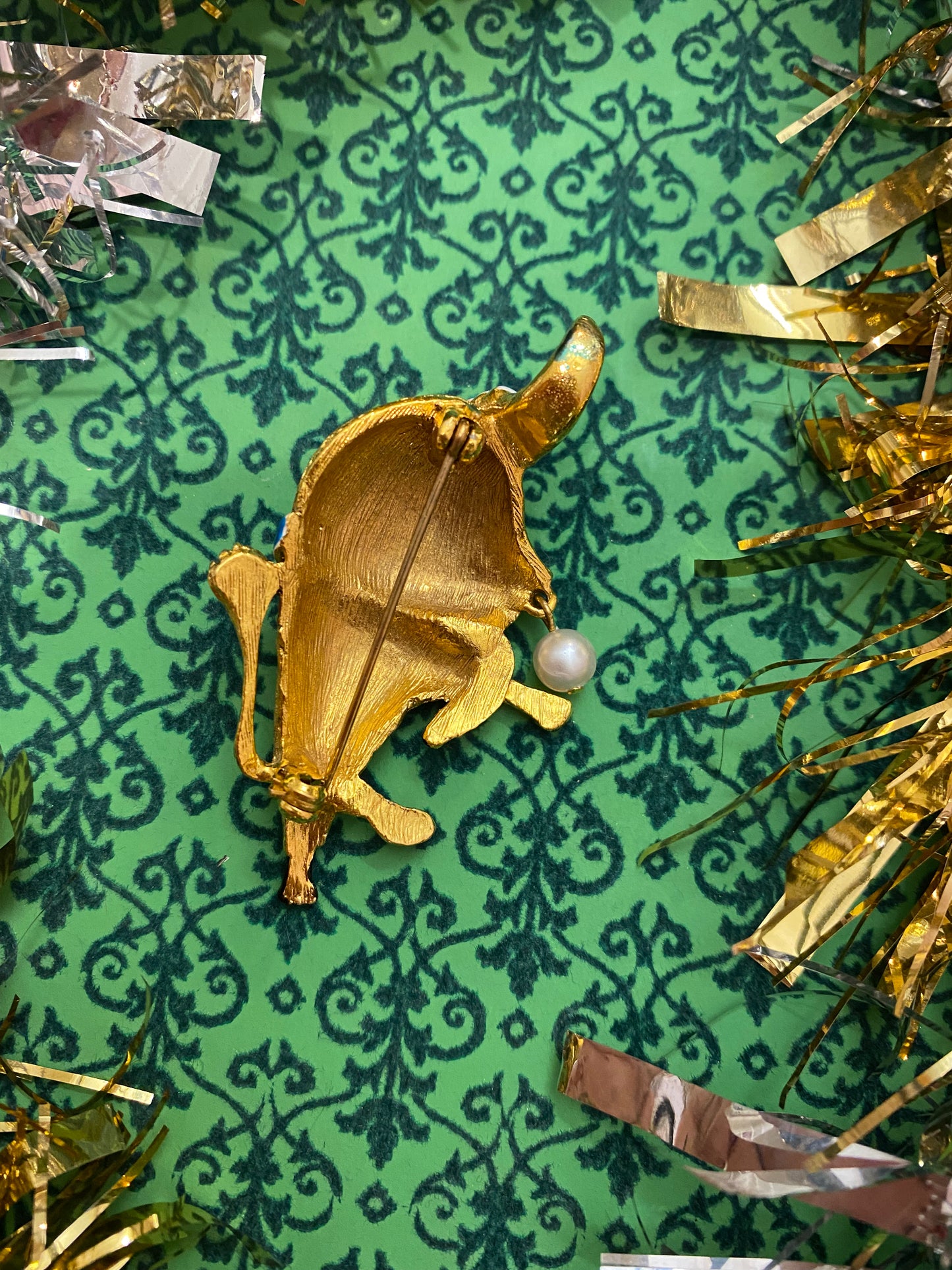Vintage Gold Taurus Bull Brooch with Pearl Drop