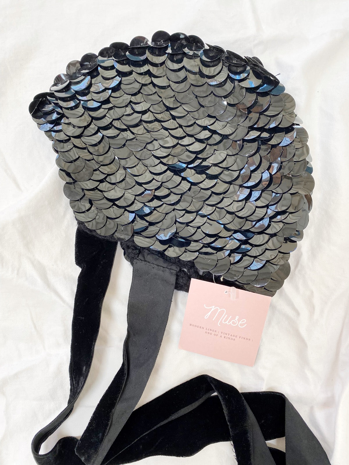 Joseph Magnin Black Sequin Paillette Aviator Hat