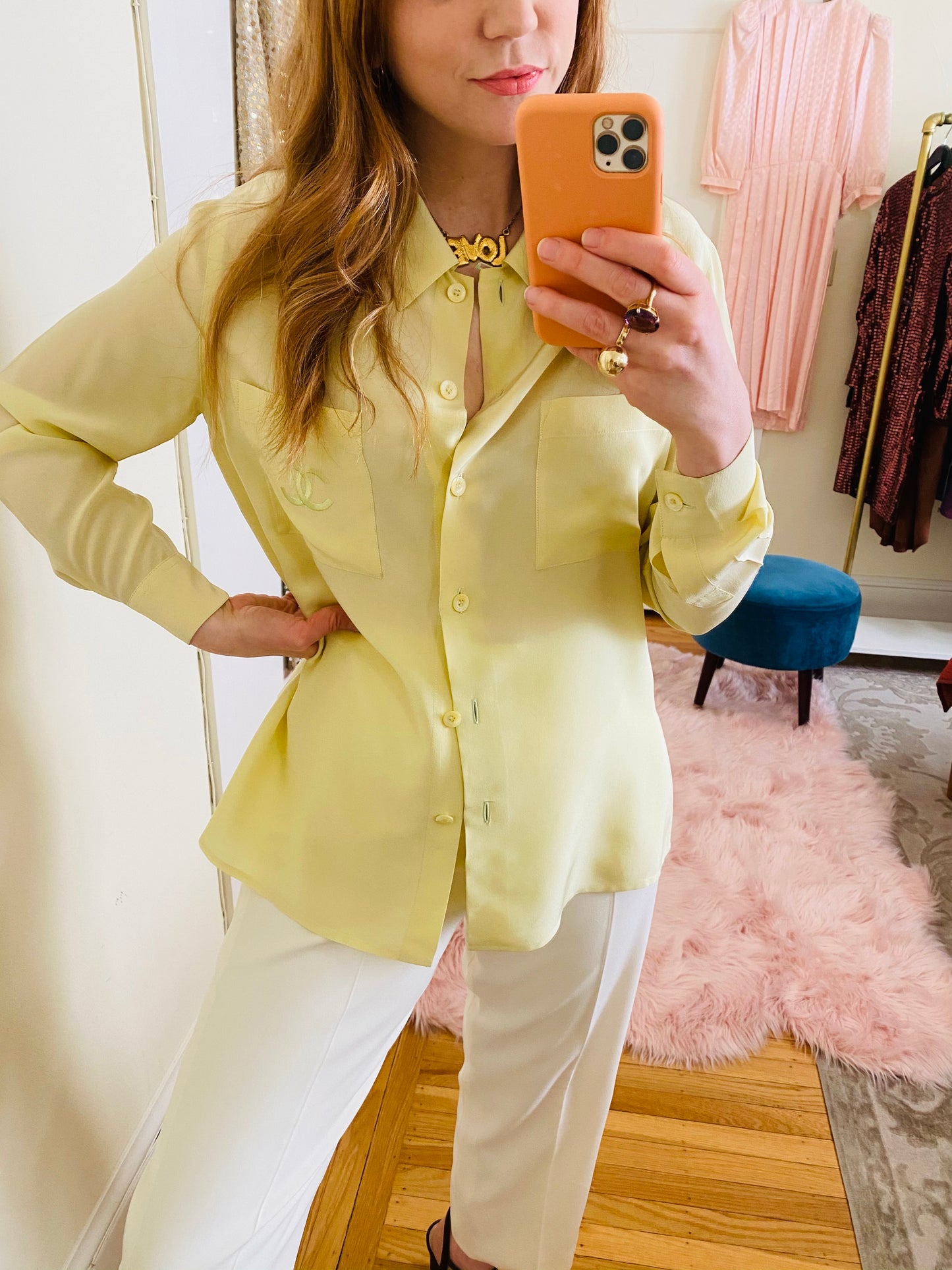 Chanel CC Logo Vintage Chartreuse Silk Blouse