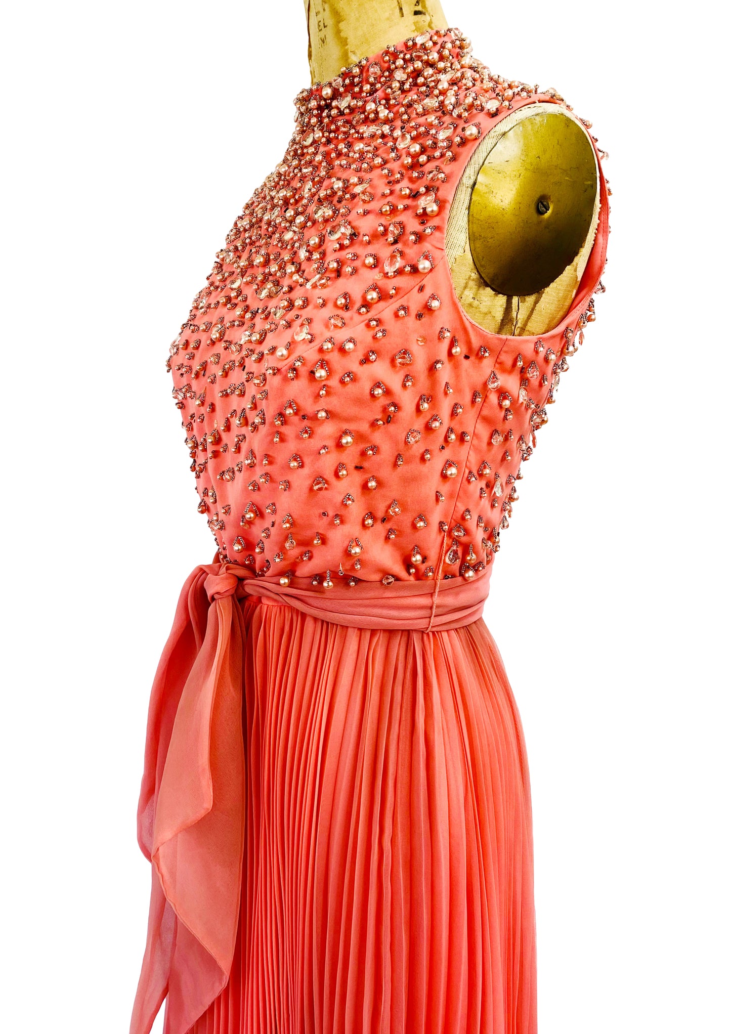 Jack Bryan 1960s-70s Coral Pink Accordion Pleat Beaded Dress
