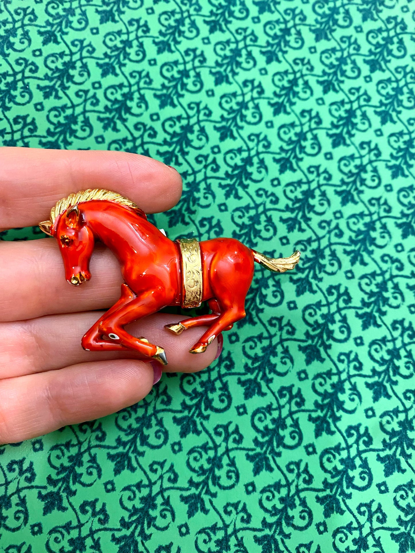 1950s Gold Plate Red Enamel Horse Brooch
