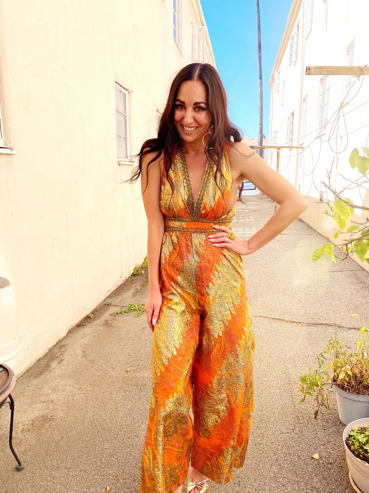 Orange Paisley & Gold Lurex Wide Leg Jumpsuit