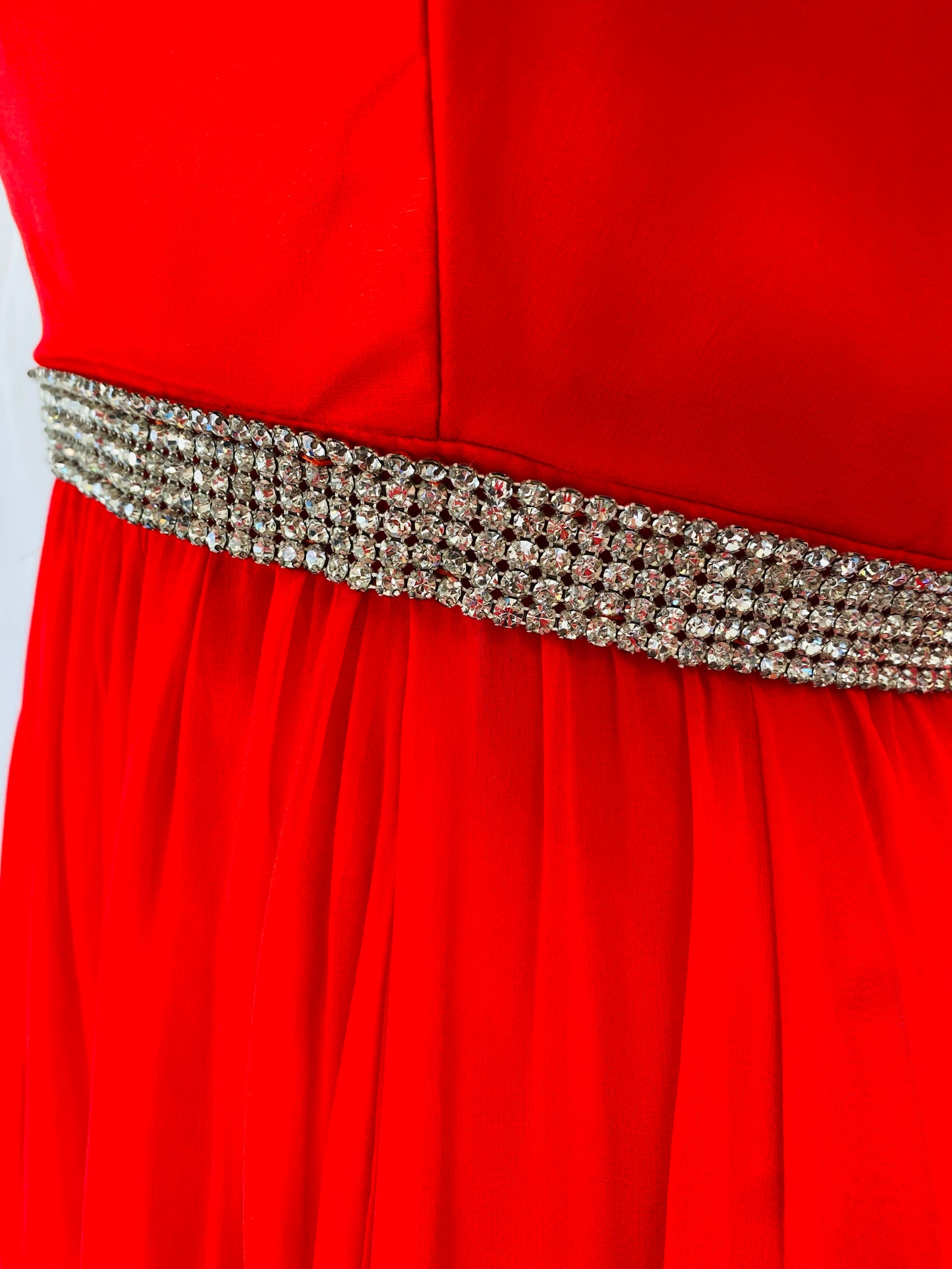 Stunning Old Hollywood 1960s Emma Domb Red Chiffon & Rhinestone Dress