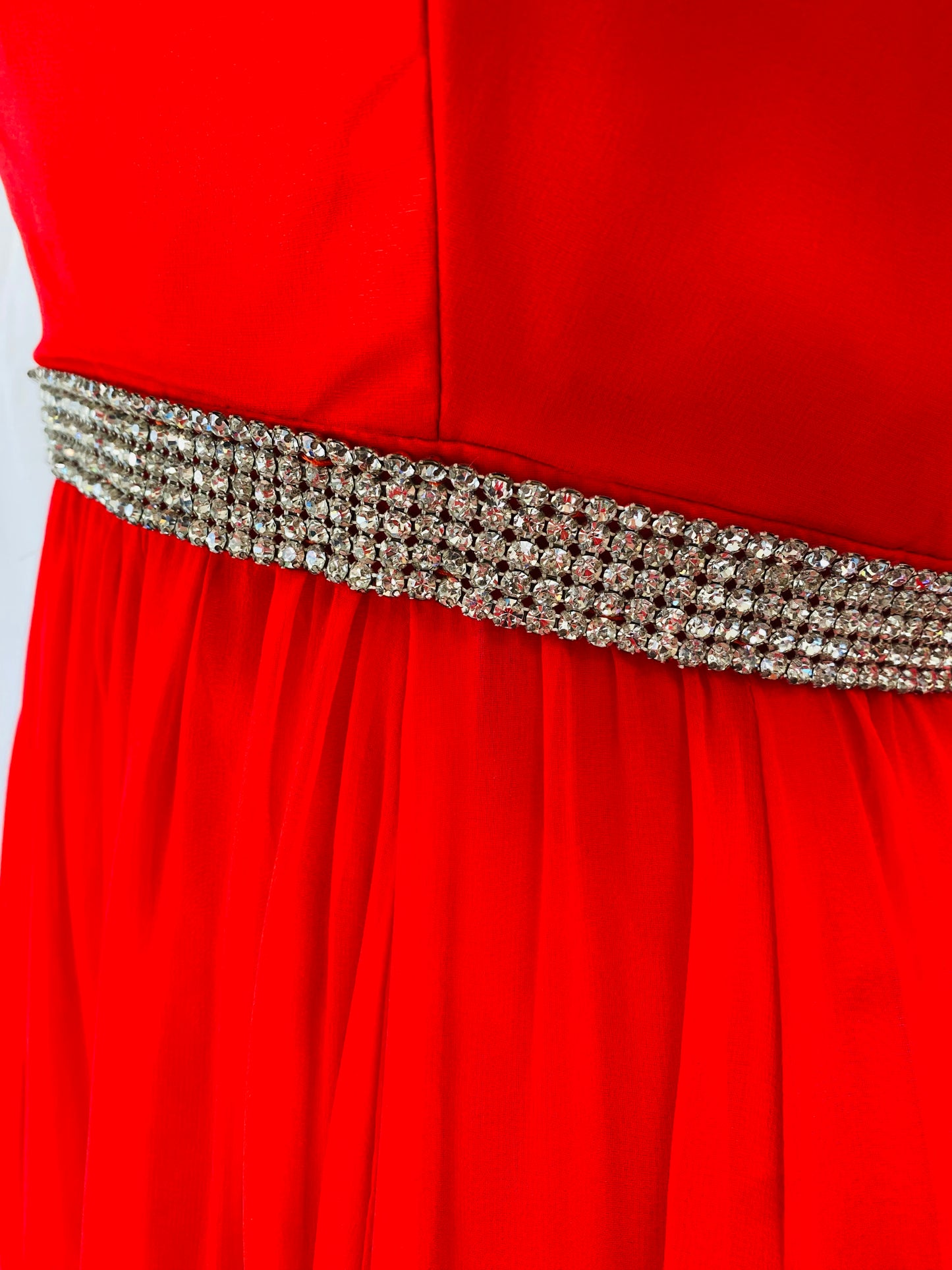 Stunning Old Hollywood 1960s Emma Domb Red Chiffon & Rhinestone Dress