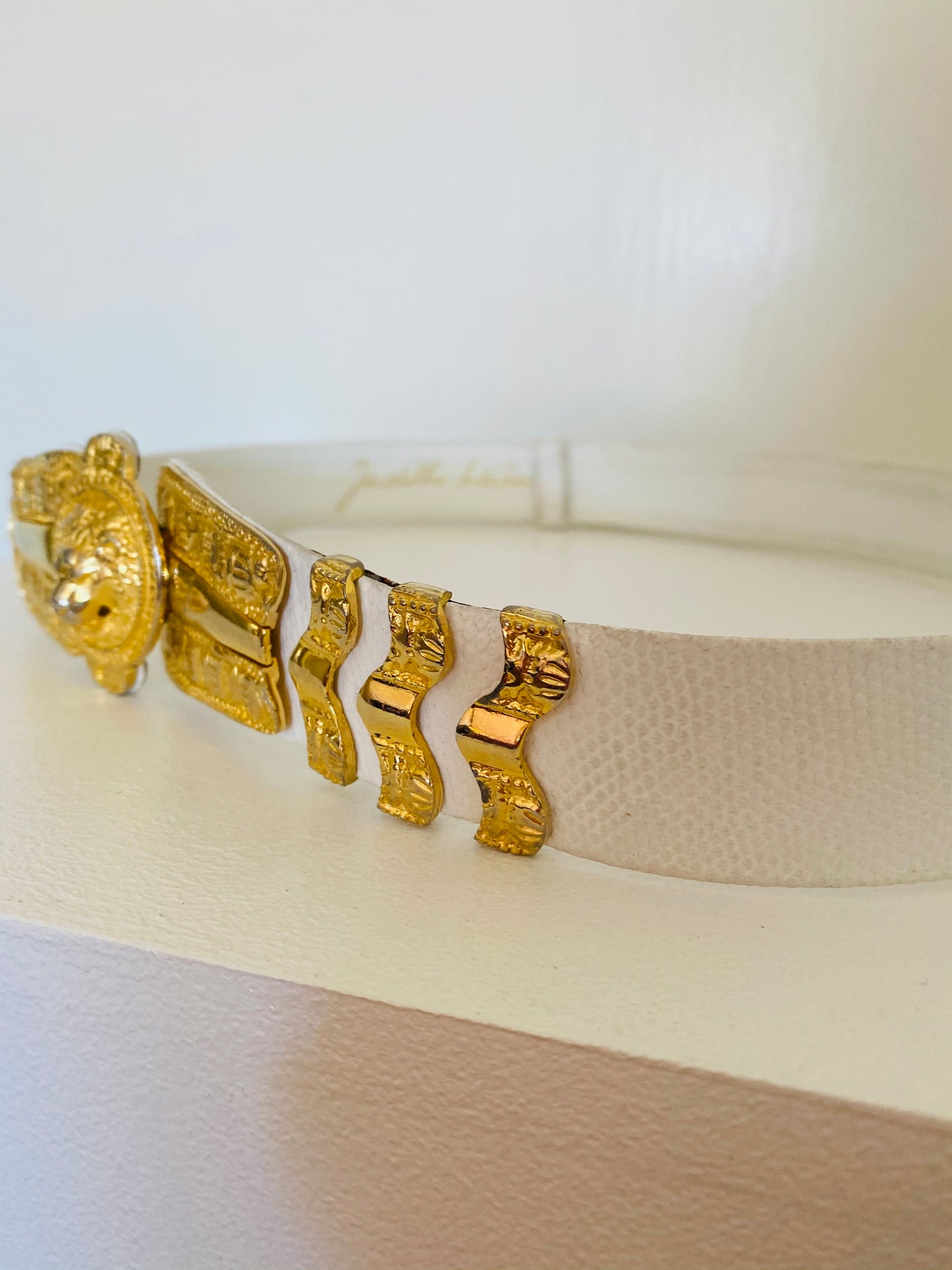 Judith Leiber White Snakeskin Gold Lion Belt