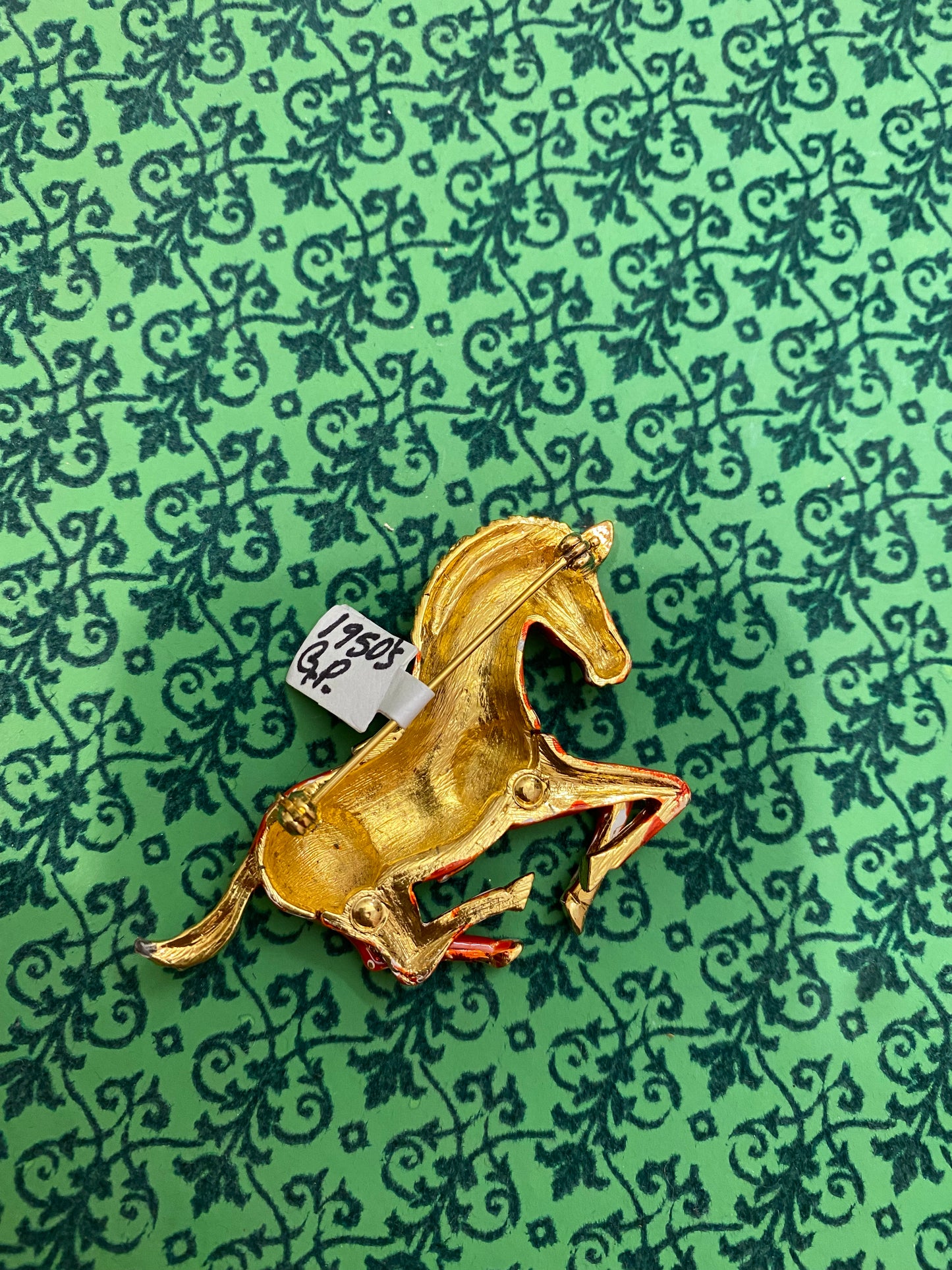 1950s Gold Plate Red Enamel Horse Brooch