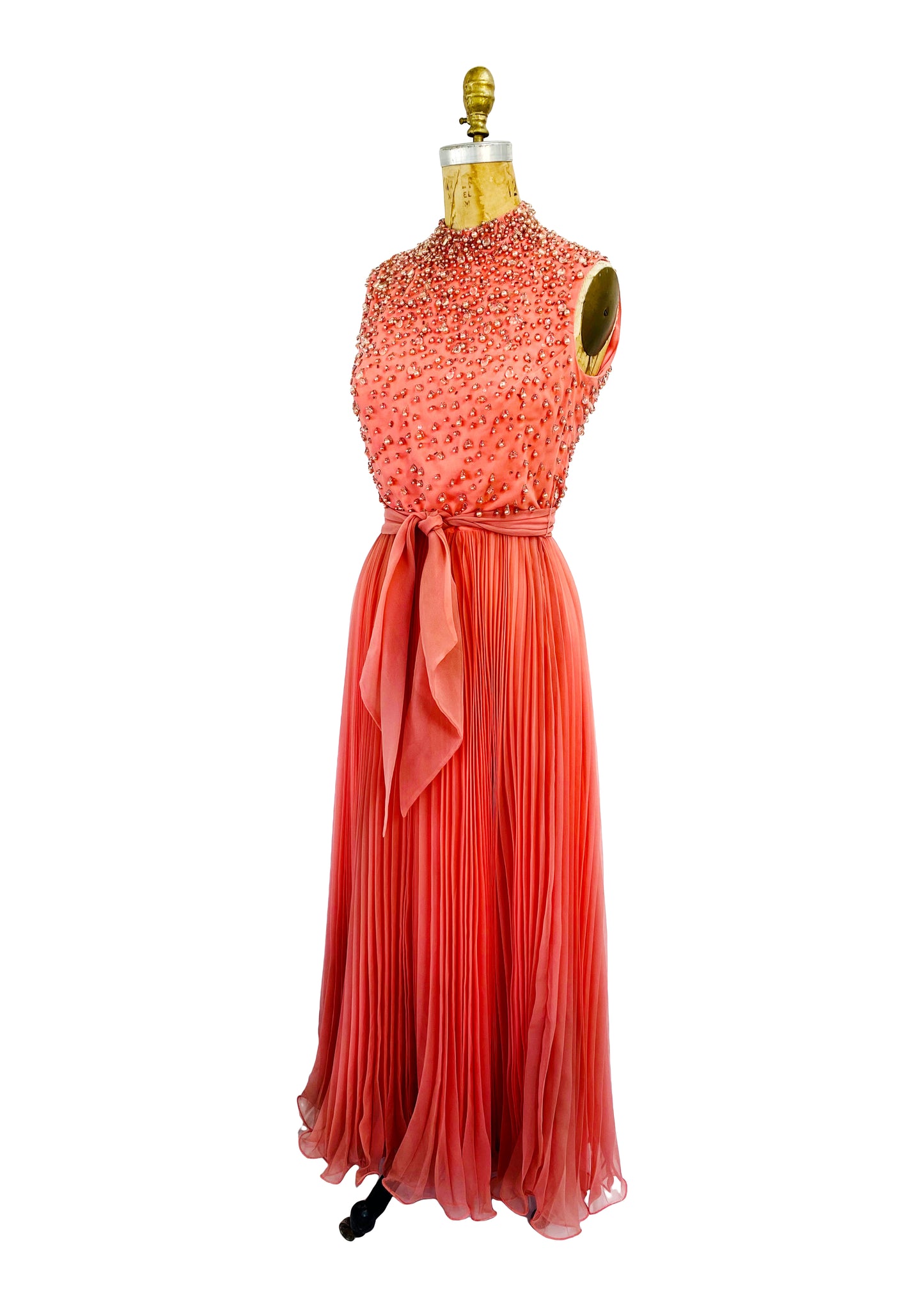 Jack Bryan 1960s-70s Coral Pink Accordion Pleat Beaded Dress
