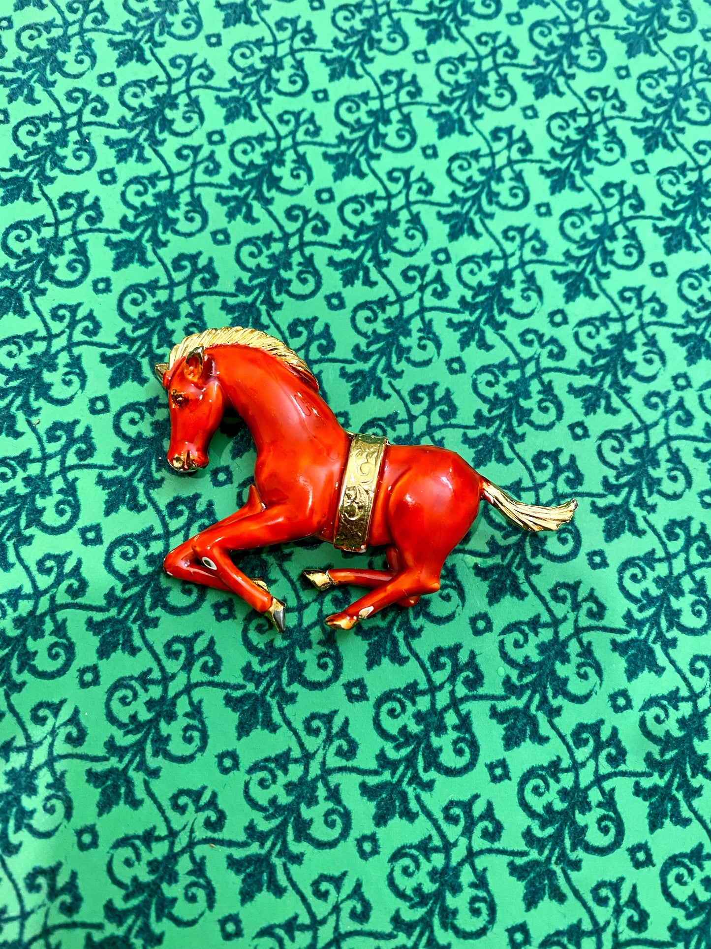 1950s Gold Plate Red Enamel Horse Brooch