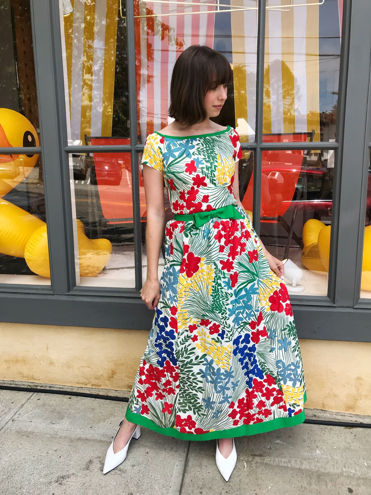 1950s-60s Silk Floral Set with Green Gros Grain Ribbon