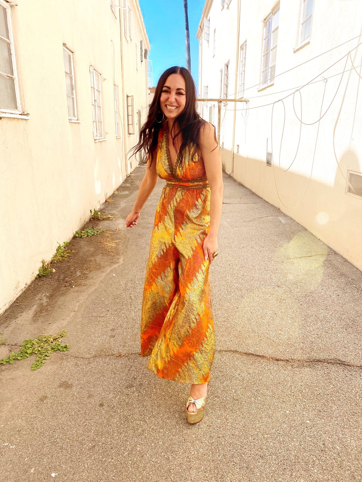 Orange Paisley & Gold Lurex Wide Leg Jumpsuit