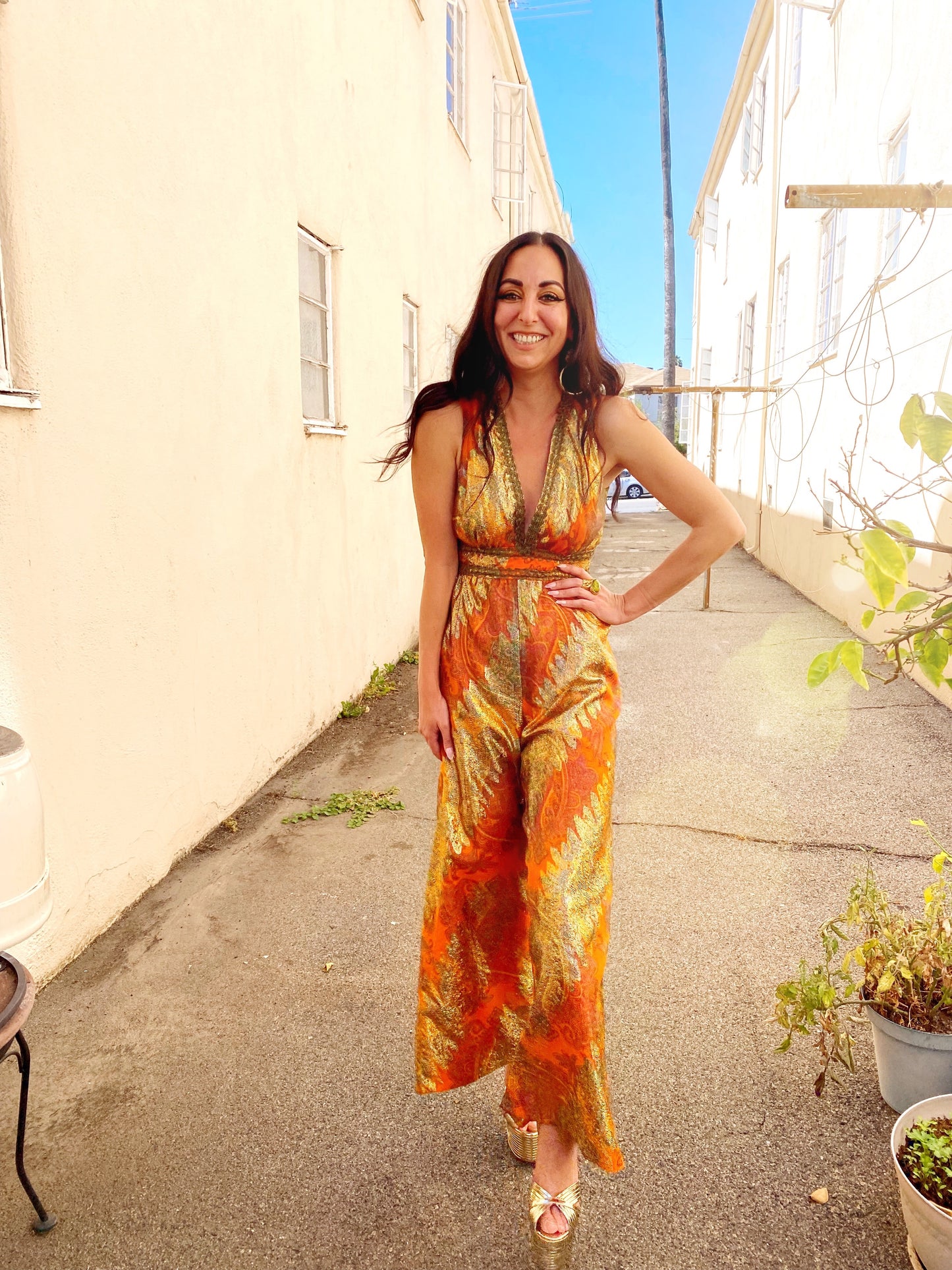 Orange Paisley & Gold Lurex Wide Leg Jumpsuit