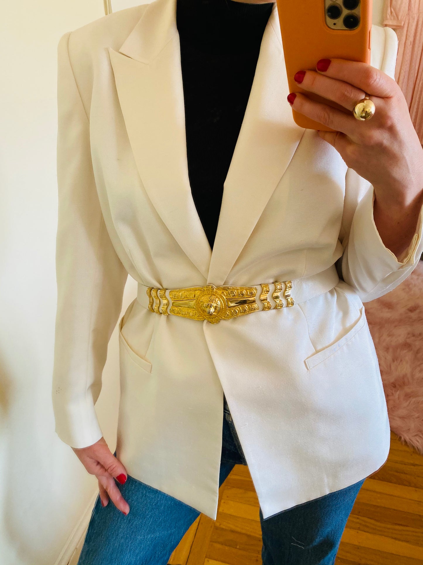 Judith Leiber White Snakeskin Gold Lion Belt