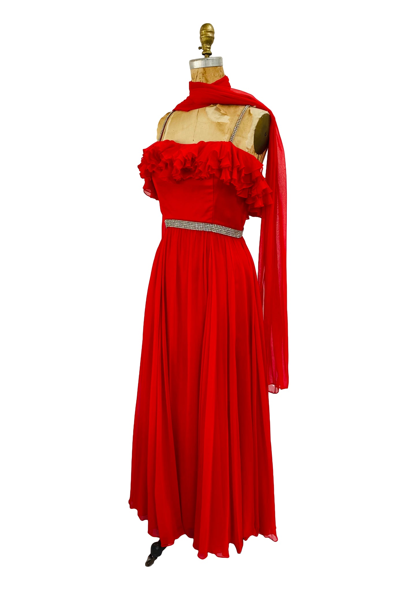 Stunning Old Hollywood 1960s Emma Domb Red Chiffon & Rhinestone Dress