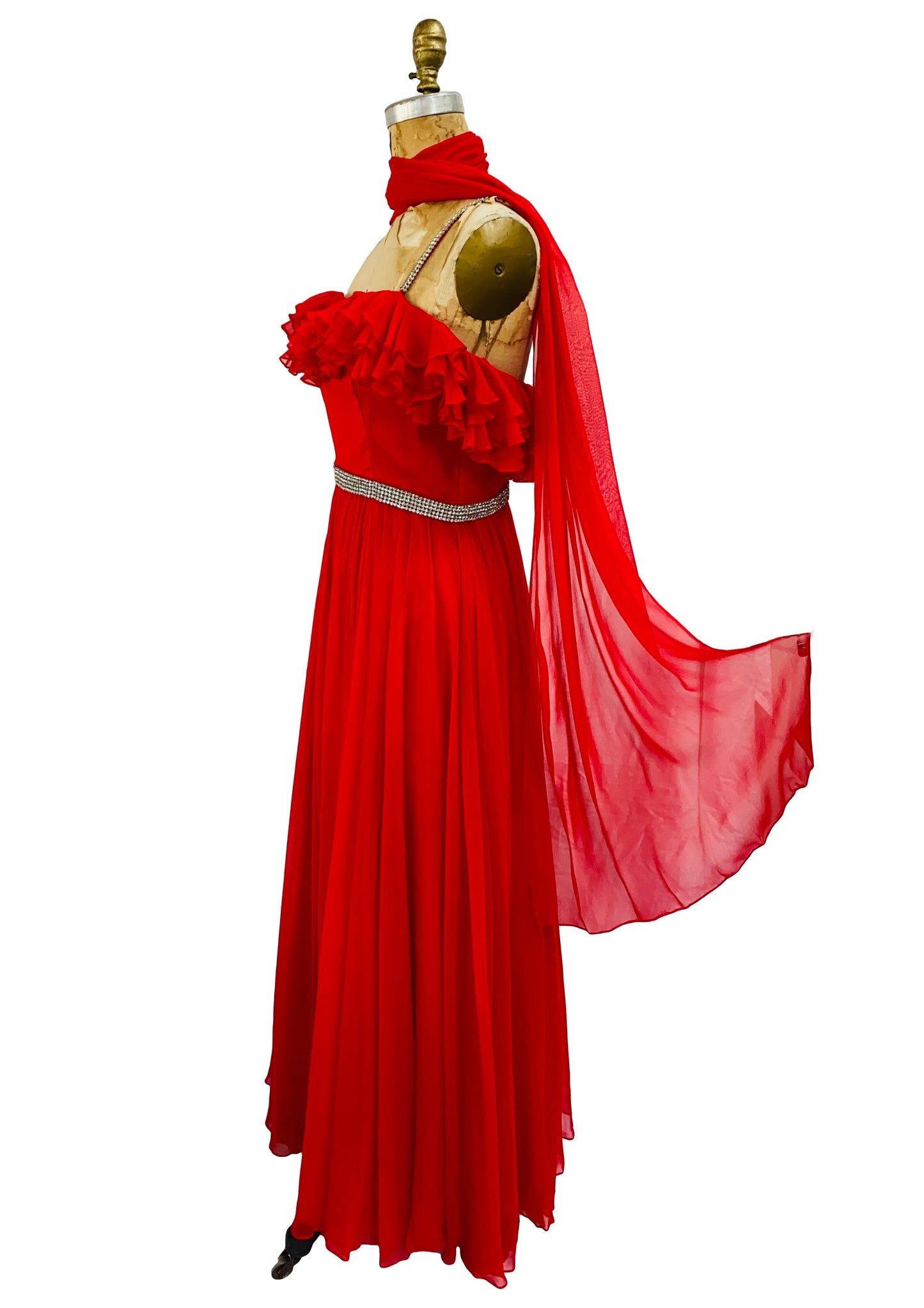 Stunning Old Hollywood 1960s Emma Domb Red Chiffon & Rhinestone Dress