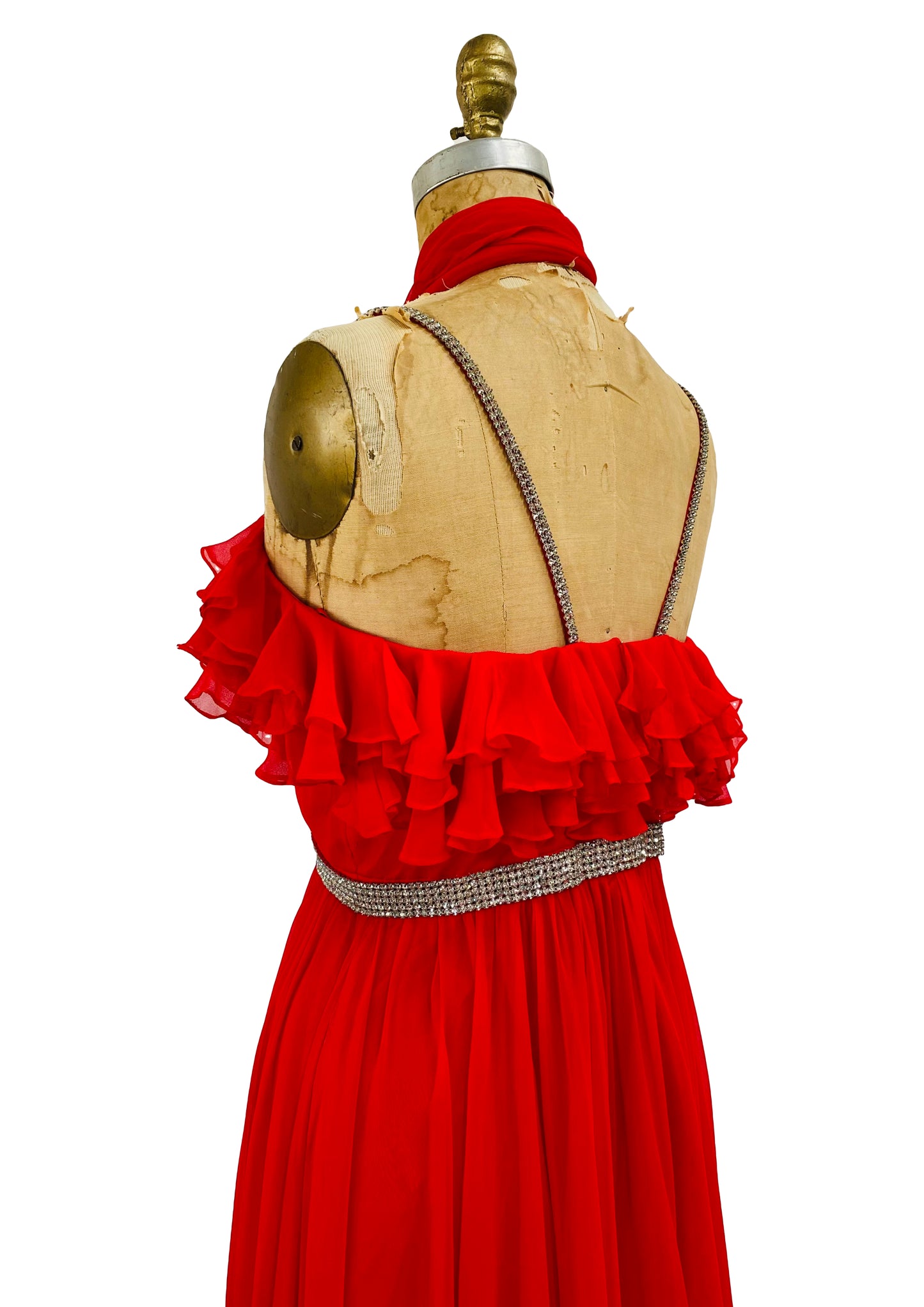 Stunning Old Hollywood 1960s Emma Domb Red Chiffon & Rhinestone Dress