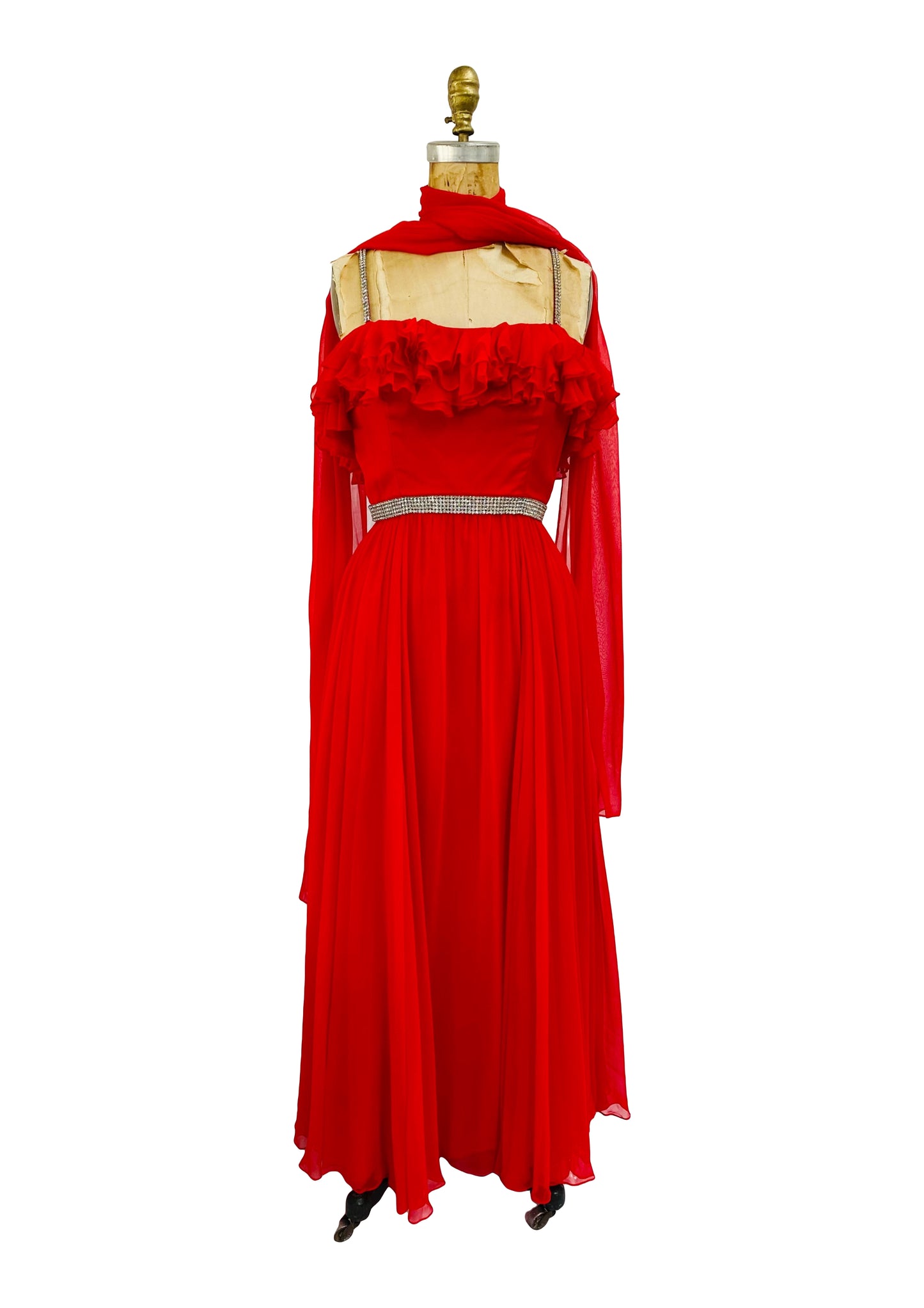 Stunning Old Hollywood 1960s Emma Domb Red Chiffon & Rhinestone Dress