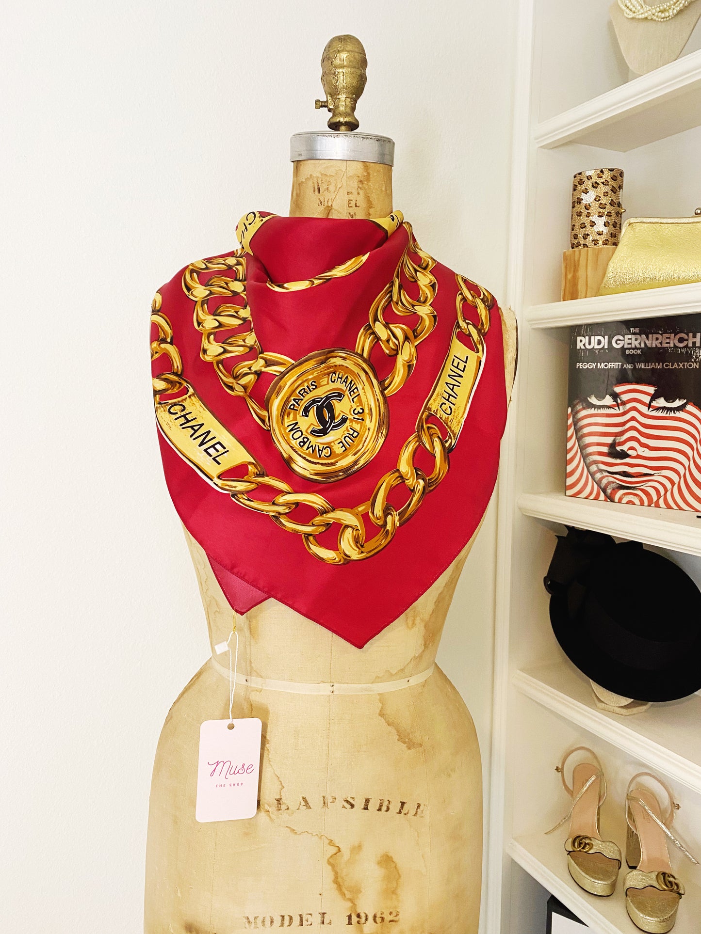 Chanel Vintage Red Silk Scarf
